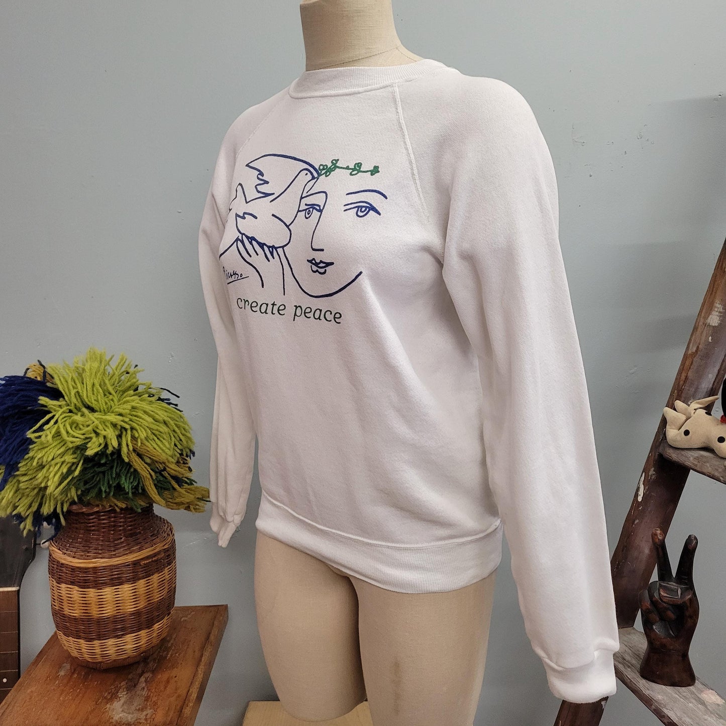 vtg 80s PICASSO PEACE SWEATSHIRT // vintage hanes crewneck medium unisex create peace crew neck white winter olive branch dove love xmas
