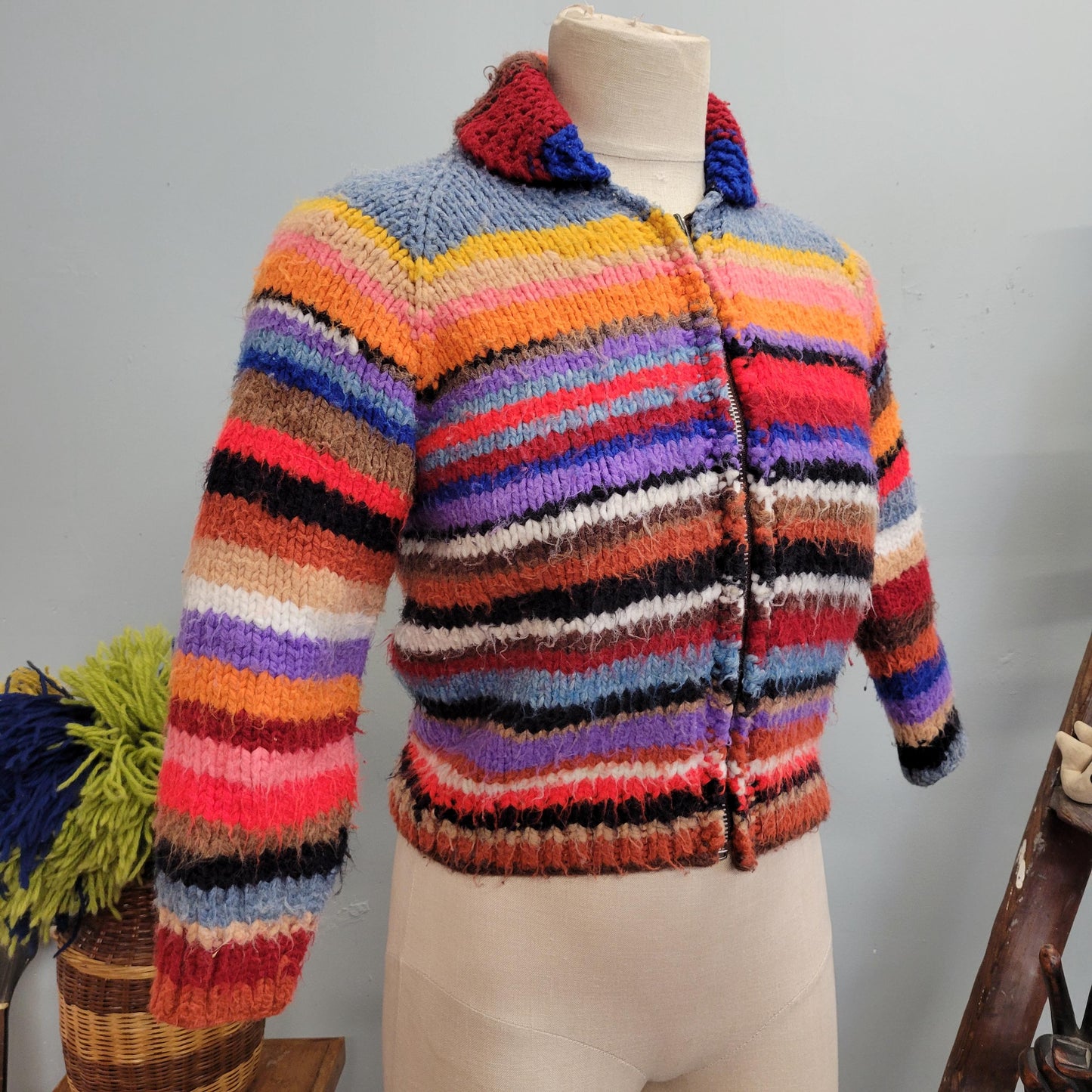 vtg 70s KNIT STRIPED SWEATER // vintage extra small adult handmade youth large sweater jacket bright cropped rainbow collared cowichan top