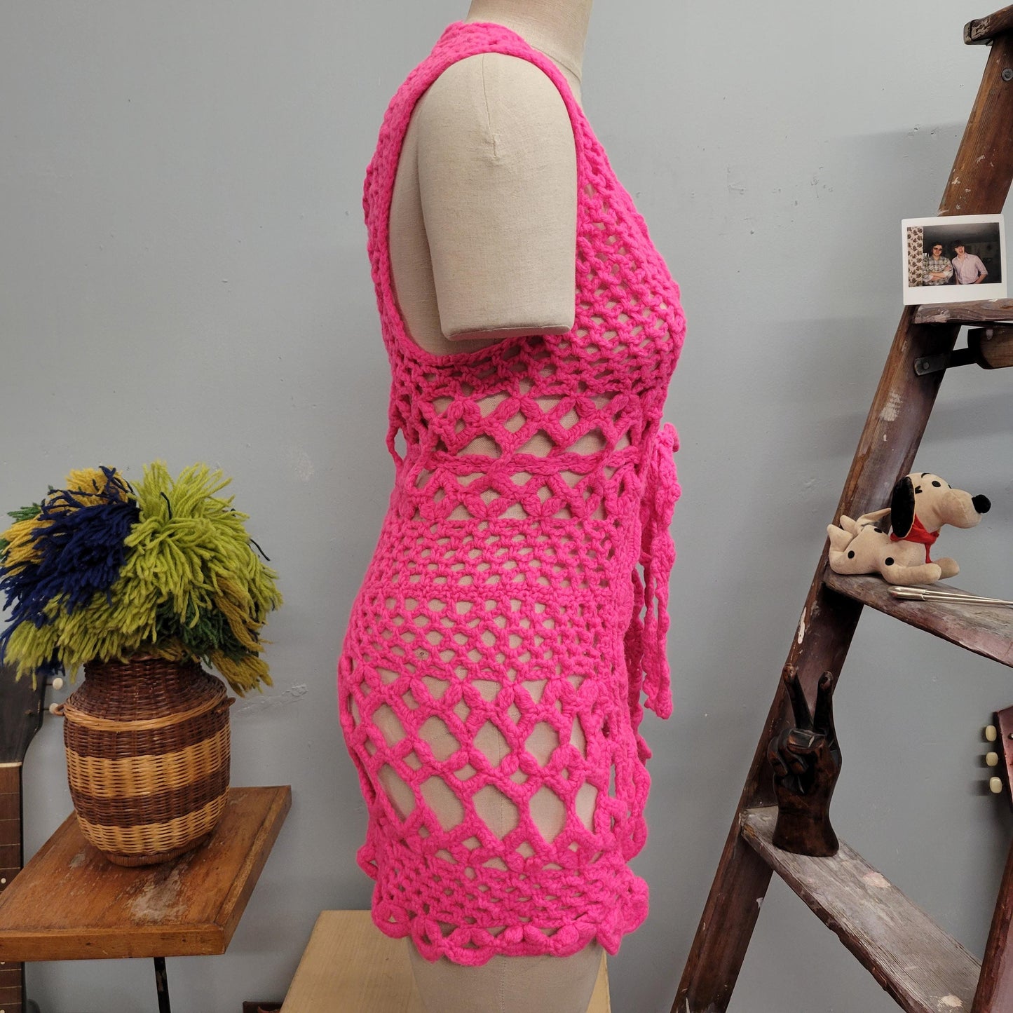 vtg 70s PINK CROCHET VEST // vintage hot pink neon cover up waistcoat long vest autumn winter layering sweater vest barbie style mod retro