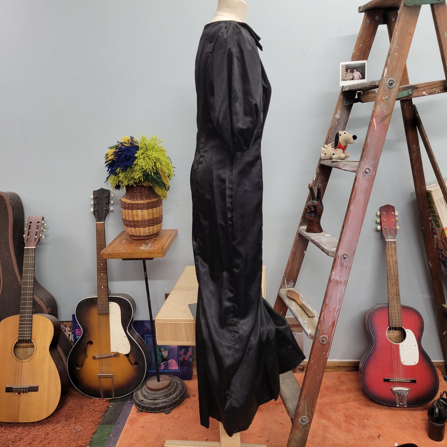 vtg 80s SATIN PUFF SLEEVE dress // vintage inky black gown gothic prom style retro silky full length fit n flare party evening dress fancy