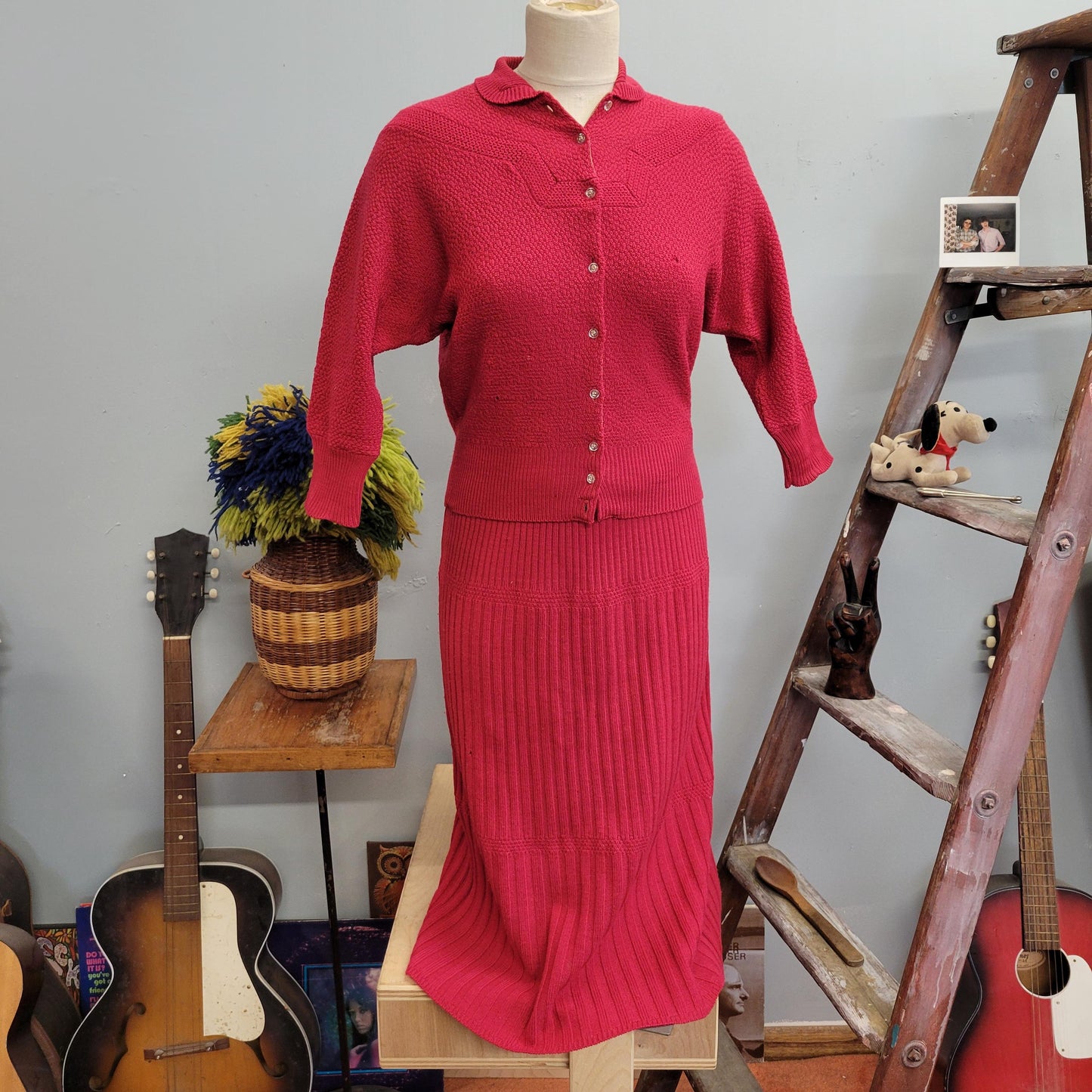 vtg 40s 3 PIECE SWEATER SET // vintage skirt sweater top toby berman medium womens angora trim wool sweater dress set car raspberry cardigan