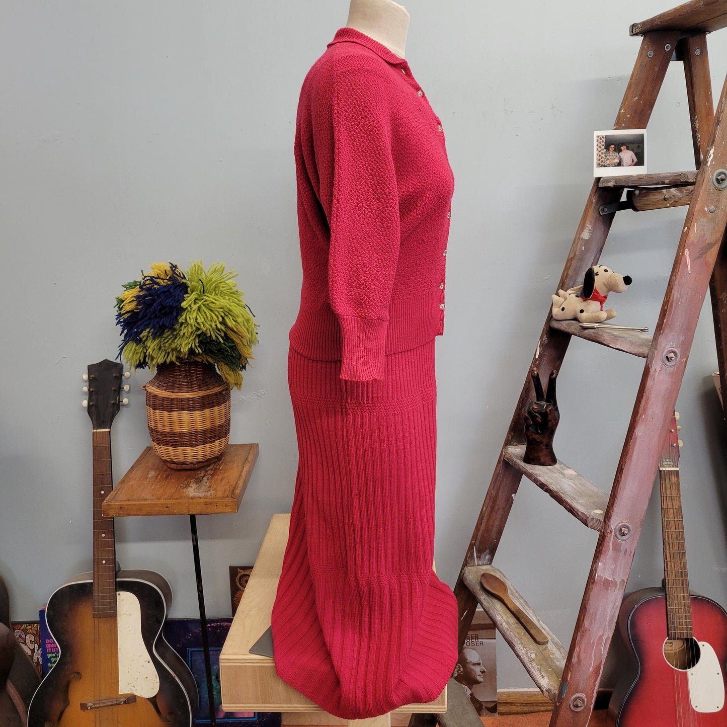 vtg 40s 3 PIECE SWEATER SET // vintage skirt sweater top toby berman medium womens angora trim wool sweater dress set car raspberry cardigan