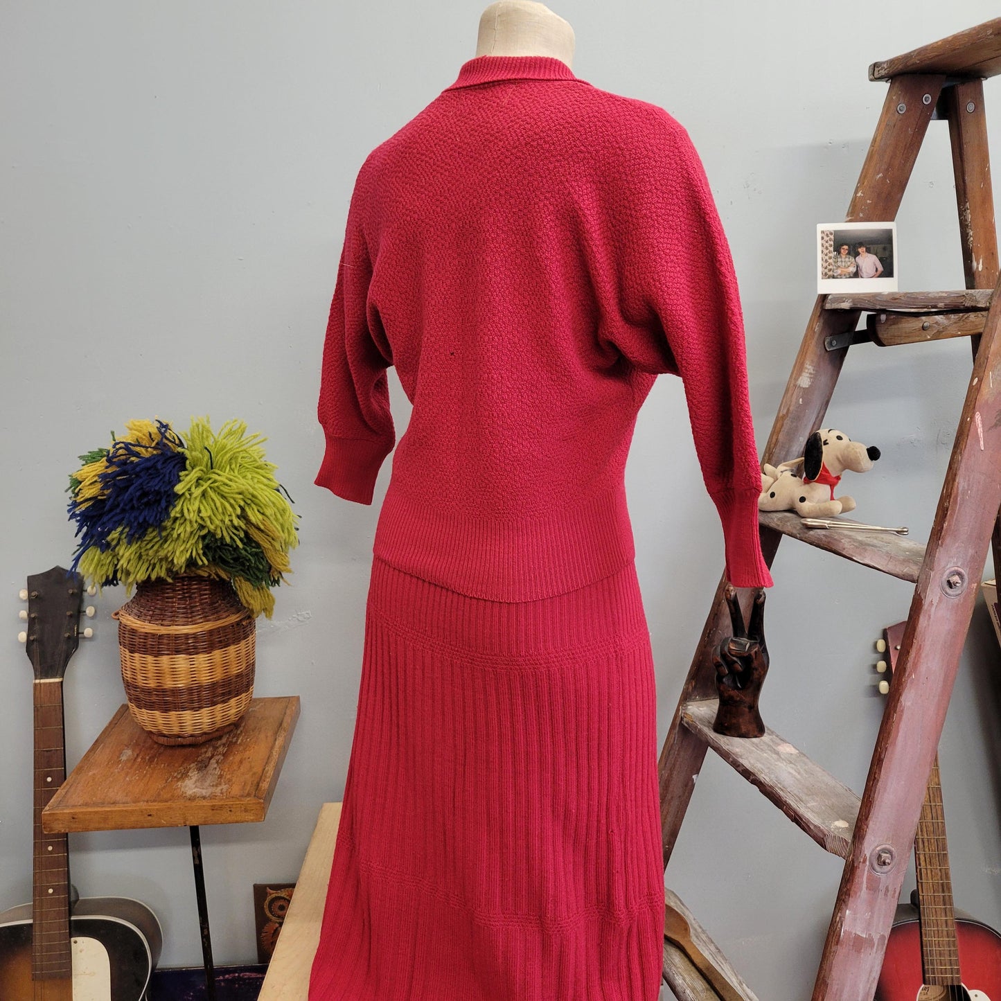 vtg 40s 3 PIECE SWEATER SET // vintage skirt sweater top toby berman medium womens angora trim wool sweater dress set car raspberry cardigan