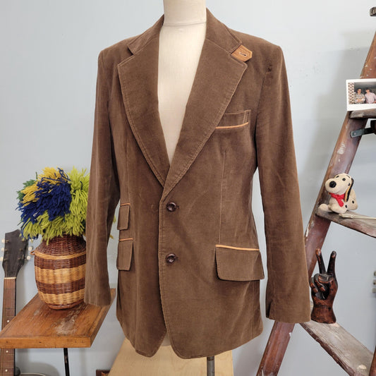 vtg 70s BROWN CORDUROY JACKET / vintage womens medium two tone western ranch wear shoulder pads deep v neck plunge structured autumn blazer