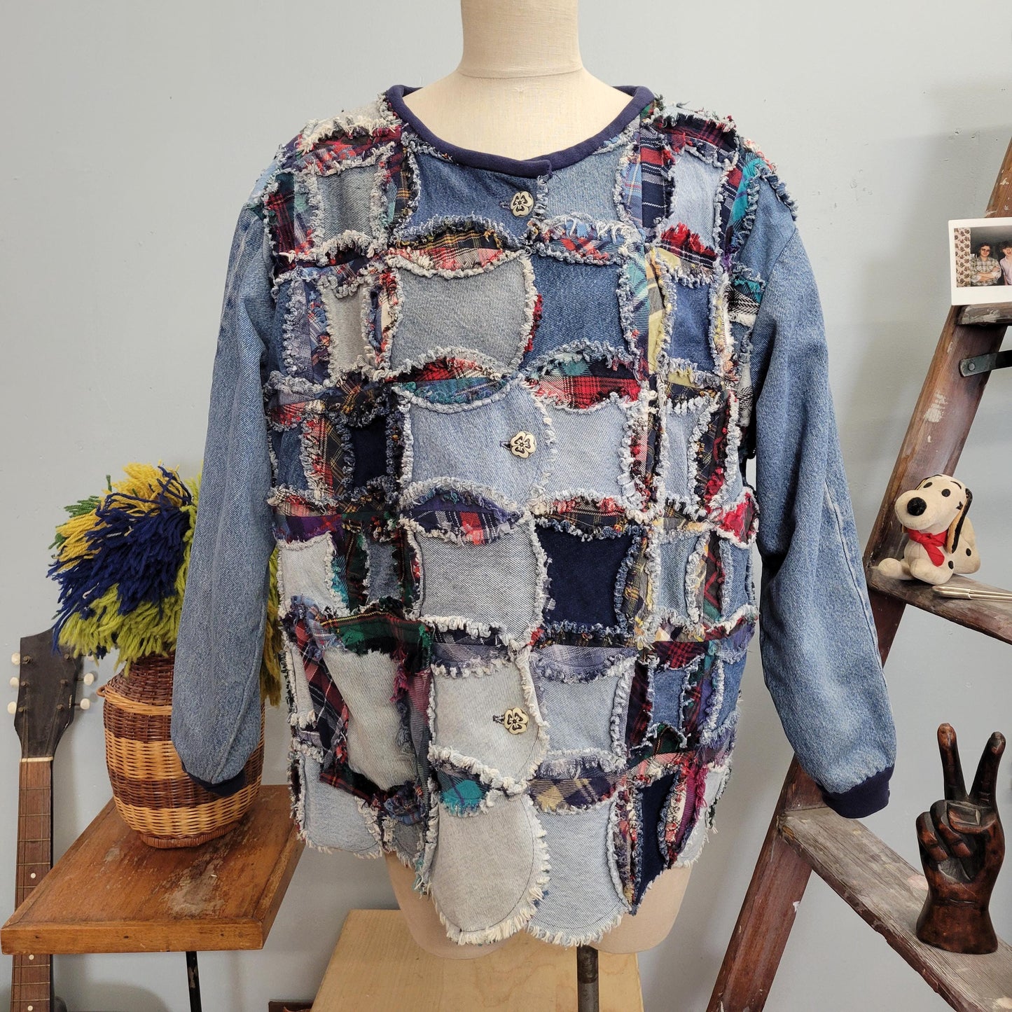 vtg 70s PATCHWORK DENIM JACKET // vintage handmade flannel lined jean jacket folk art funky crafty granny suares afghan blanket tapestry