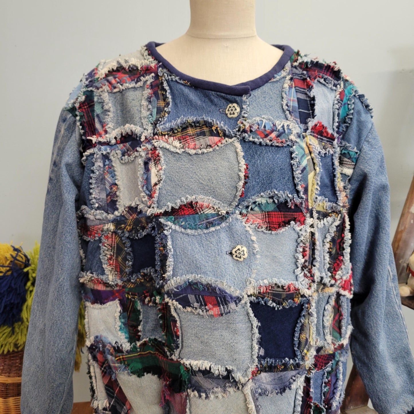 vtg 70s PATCHWORK DENIM JACKET // vintage handmade flannel lined jean jacket folk art funky crafty granny suares afghan blanket tapestry