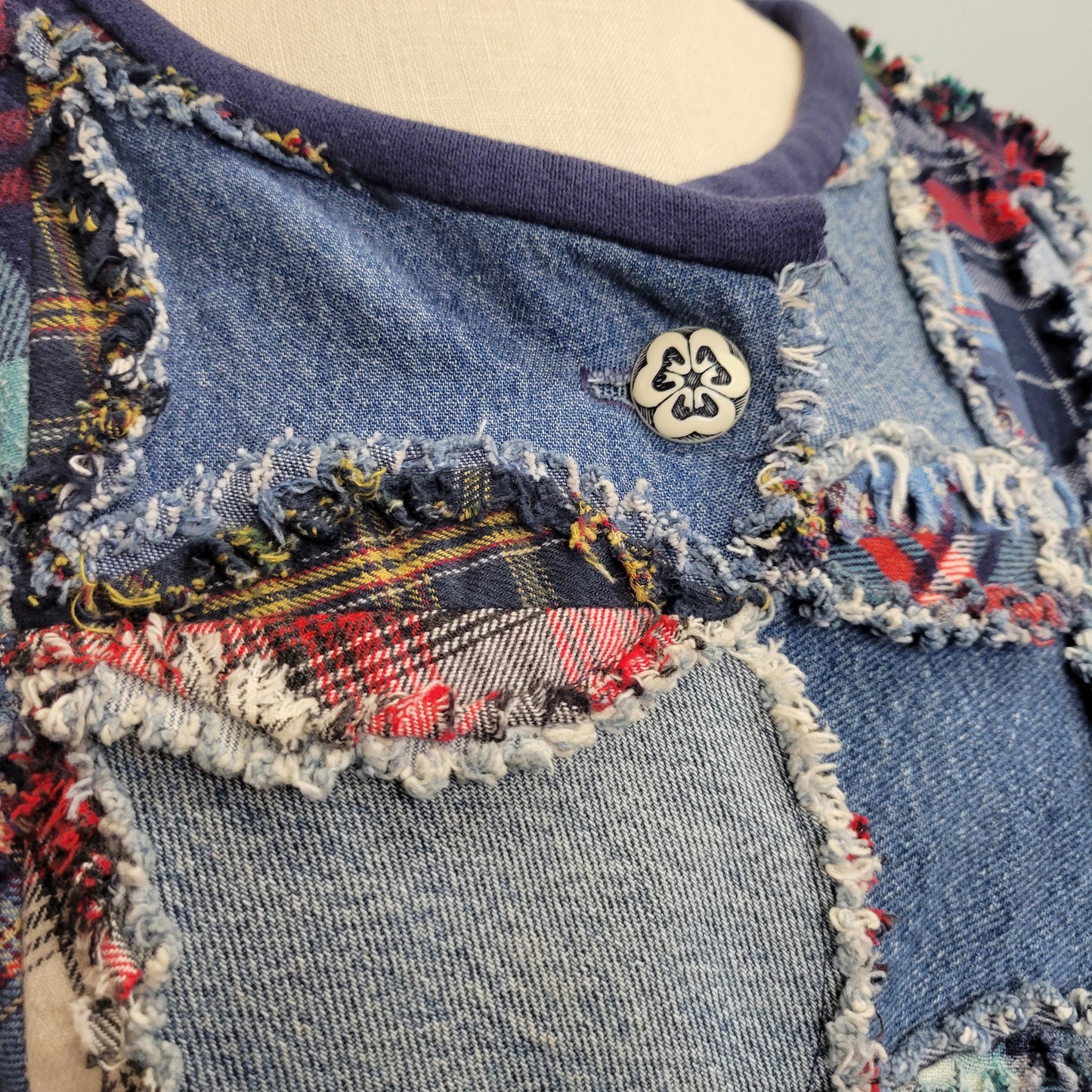 vtg 70s PATCHWORK DENIM JACKET // vintage handmade flannel lined jean jacket folk art funky crafty granny suares afghan blanket tapestry