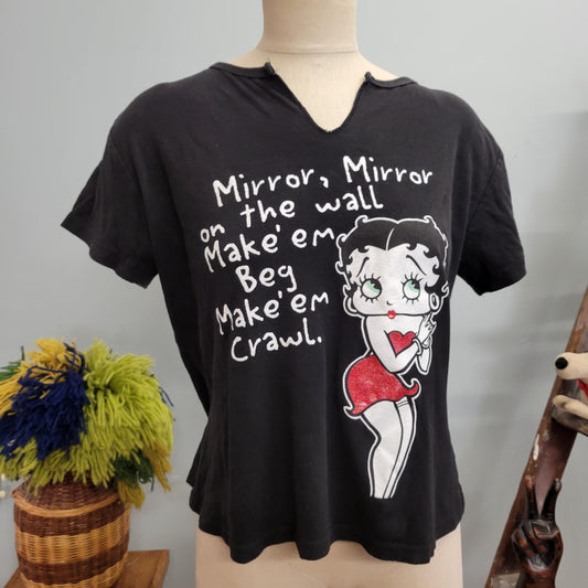 Vtg y2k BETTY BOOP TSHIRT // vintage betty boop top xl cute pin up sexy femme cut black crop top baby tee funny saying all over text print