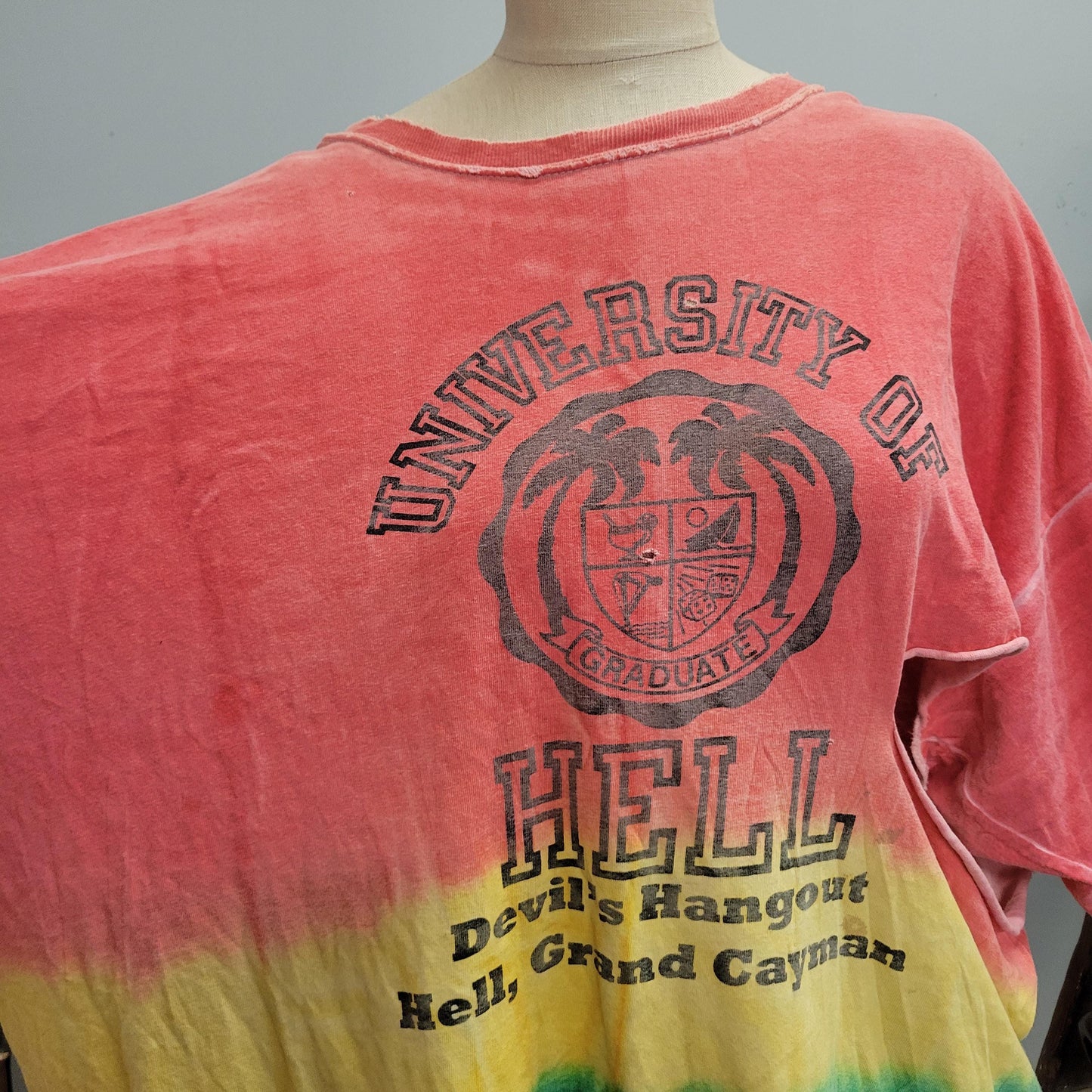 vtg 80s UNIVERSITY of HELL Tourist Shirt // vintage distressed gildan xxl 3xl oversized tie dye  hell grand cayman devils hangout souvenir