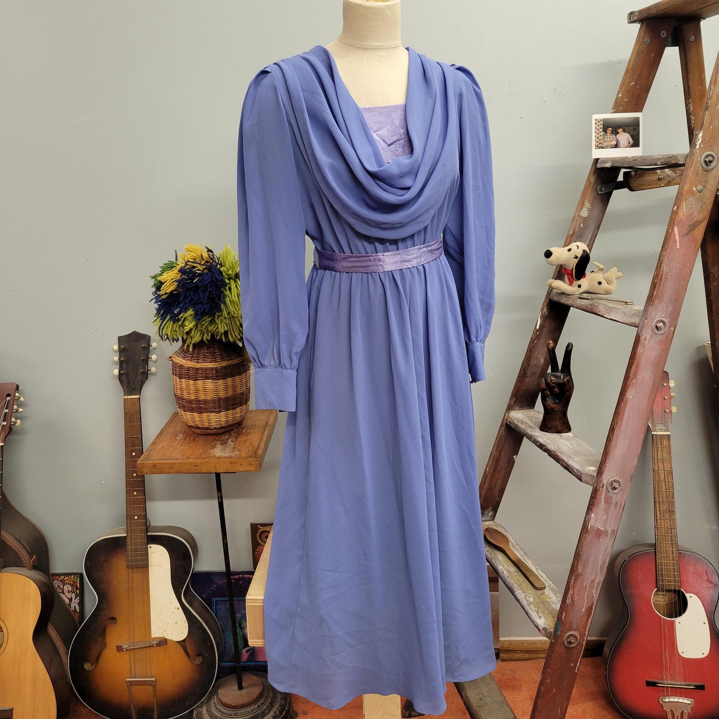 vtg 70s LAVENDER CHIFFON DRESS // vintage  ursula of switzerland size 11/12 womens sheer purple belted draped flowy ethereal romantic gown