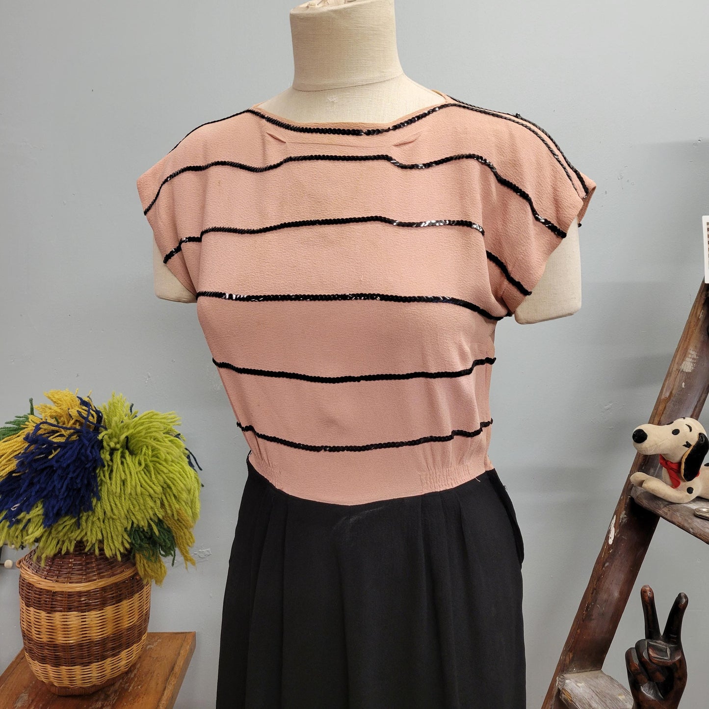 vtg 40s RAYON SEQUIN DRESS // fixer upper as is crepe beaded pastel 1930s art deco fancy evening cocktail dress peach & black two tone gown
