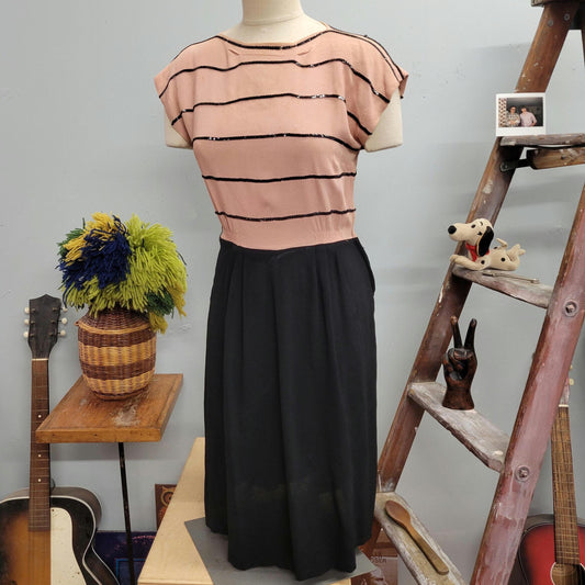 vtg 40s RAYON SEQUIN DRESS // fixer upper as is crepe beaded pastel 1930s art deco fancy evening cocktail dress peach & black two tone gown