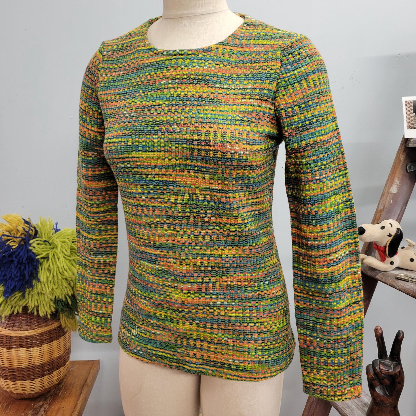 vtg 70s KNIT SWEATER TOP / vintage psychedelic space dye womens medium retro trippy groovy heathered speckled autumn thick knit winter style