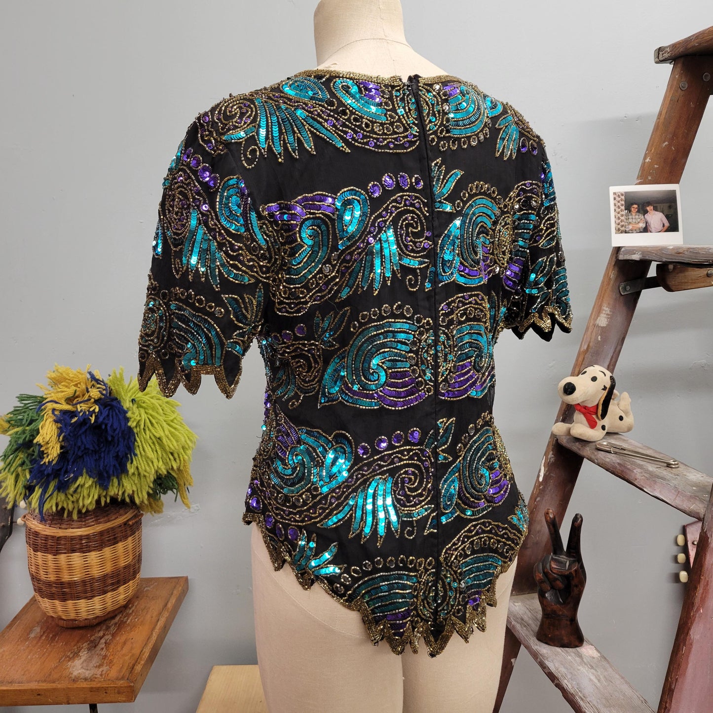 vtg 80s BEADED SEQUIN TOP // vintage laurence kazar xl womens silk fully beaded jewel toned festive holiday party evening wear statement