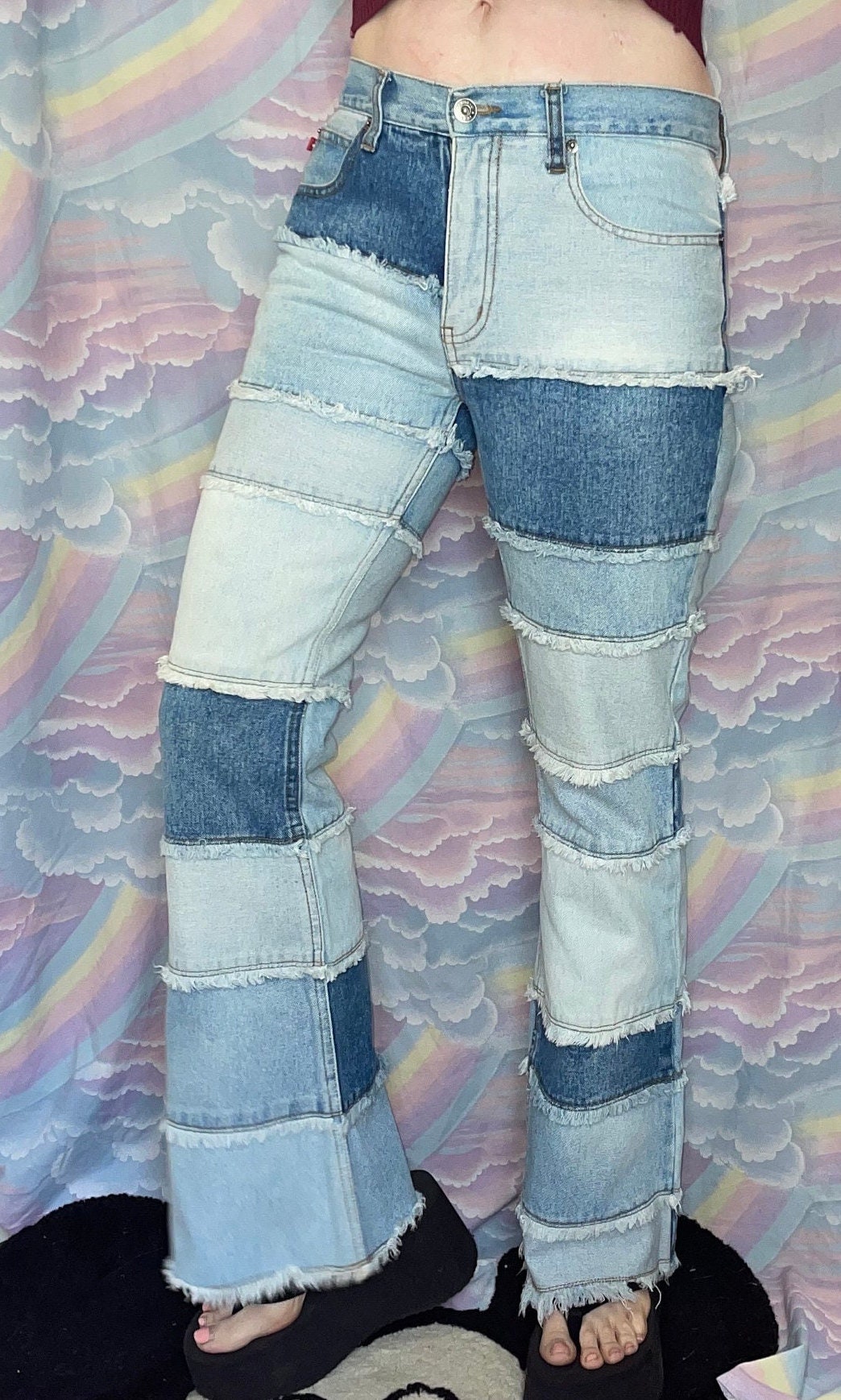 vintage Y2K ZANA DI PATCHWORK Jeans // vintage mid rise bell bottoms light wash jeans 90s grunge bell bottom fringe geometric hippie boho