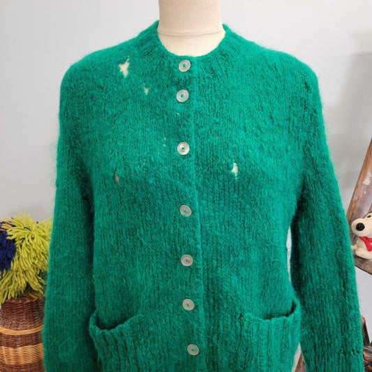 vtg 60s DISTRESSED MOHAIR CARDIGAN // vintage green shaggy button up sweater large mens unisex fuzzy pockets grunge punk holes torn sweater