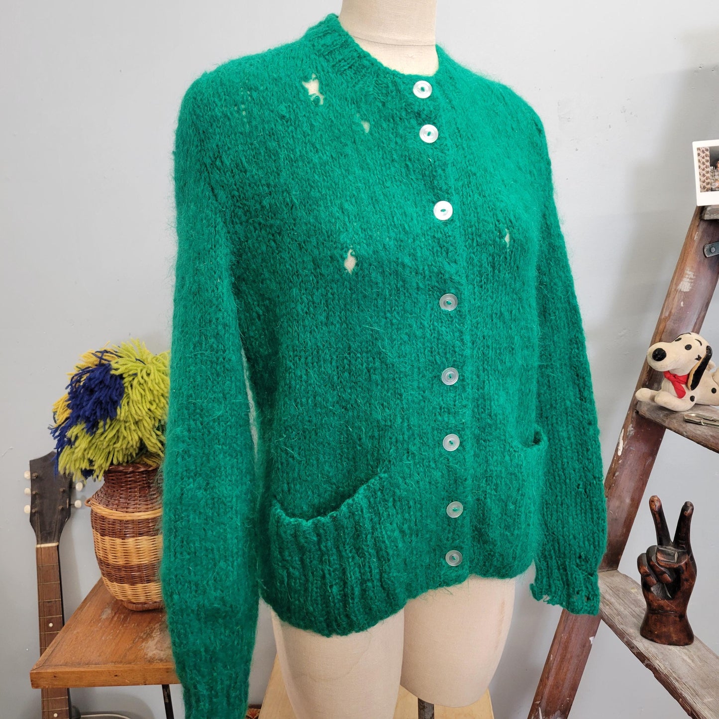 vtg 60s DISTRESSED MOHAIR CARDIGAN // vintage green shaggy button up sweater large mens unisex fuzzy pockets grunge punk holes torn sweater