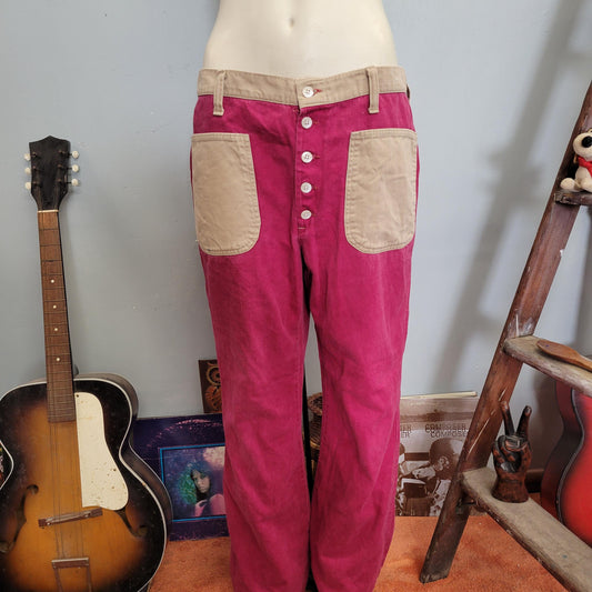 vtg 70s COLOR BLOCK PANTS // vintage 34 waist retro peter max wrangler style two tone red & beige flares wide leg bell bottoms autumn style