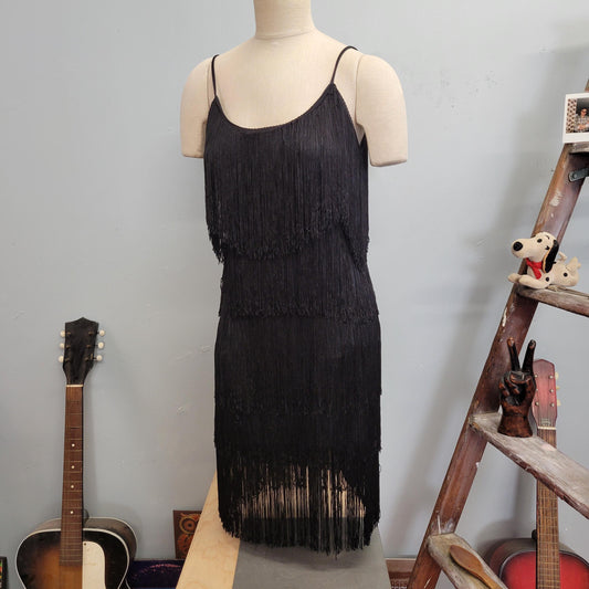 vtg BLACK FRINGE DRESS / vintage flapper style mini hw size 7/8 womens small shimmy black cocktail 1920s style holiday new years party dress