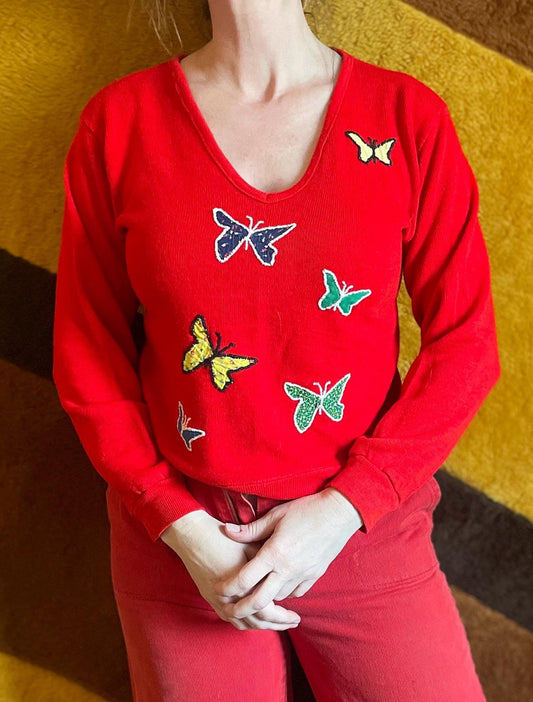 vtg 70s PATCHWORK BUTTERLY SWEATER // vintage red v neck scoop hippie mod autumn retro style embroidered applique patterned cropped sweater