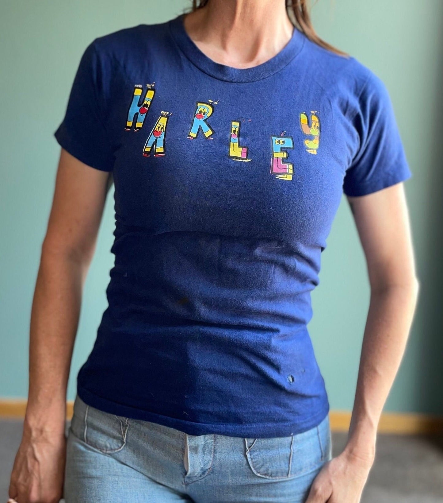 vtg 80s PERSONALIZED HARLEY SHIRT // vintage gas attendant spruce tags womens small fitted crop top spell out waitress kickball harley quinn