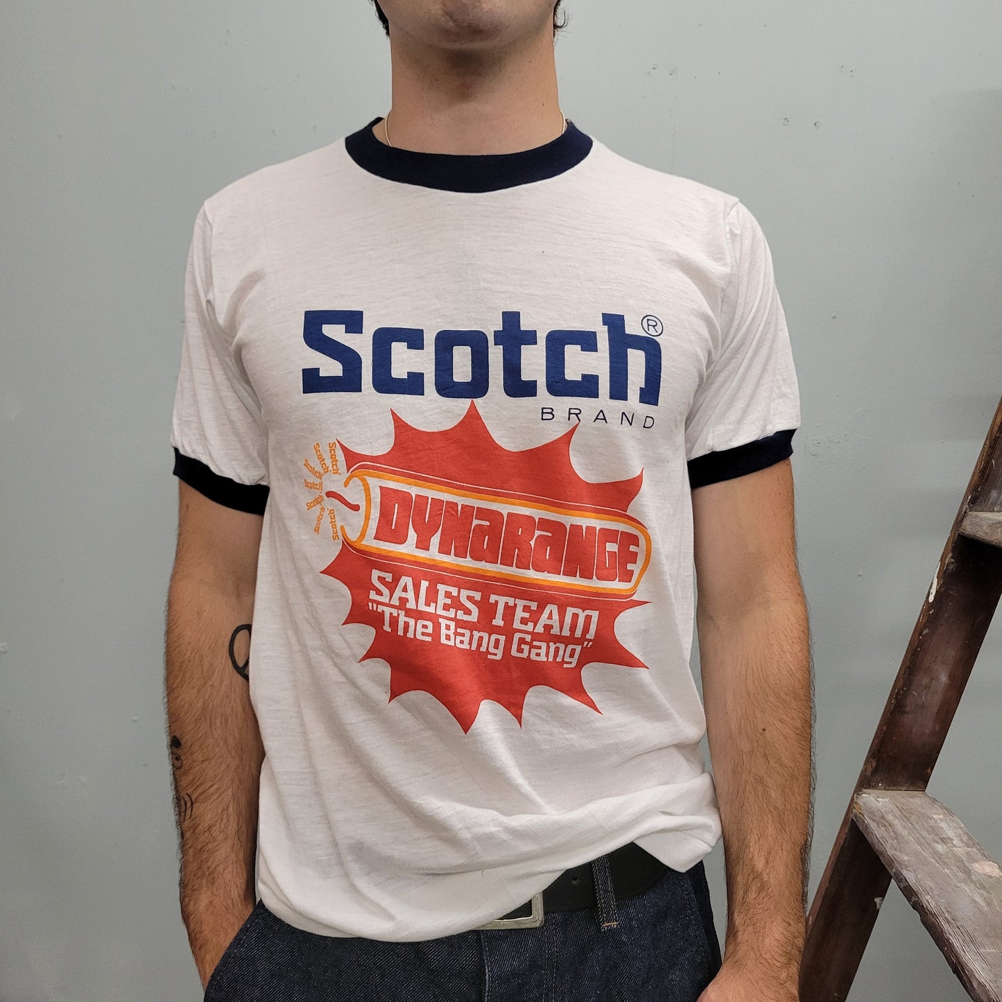 vtg 80s SCOTCH BRAND TSHIRT // vintage medium retro ringer cassette tape reel audio promo sony maxell music stereo sound dyn o mite dynamite