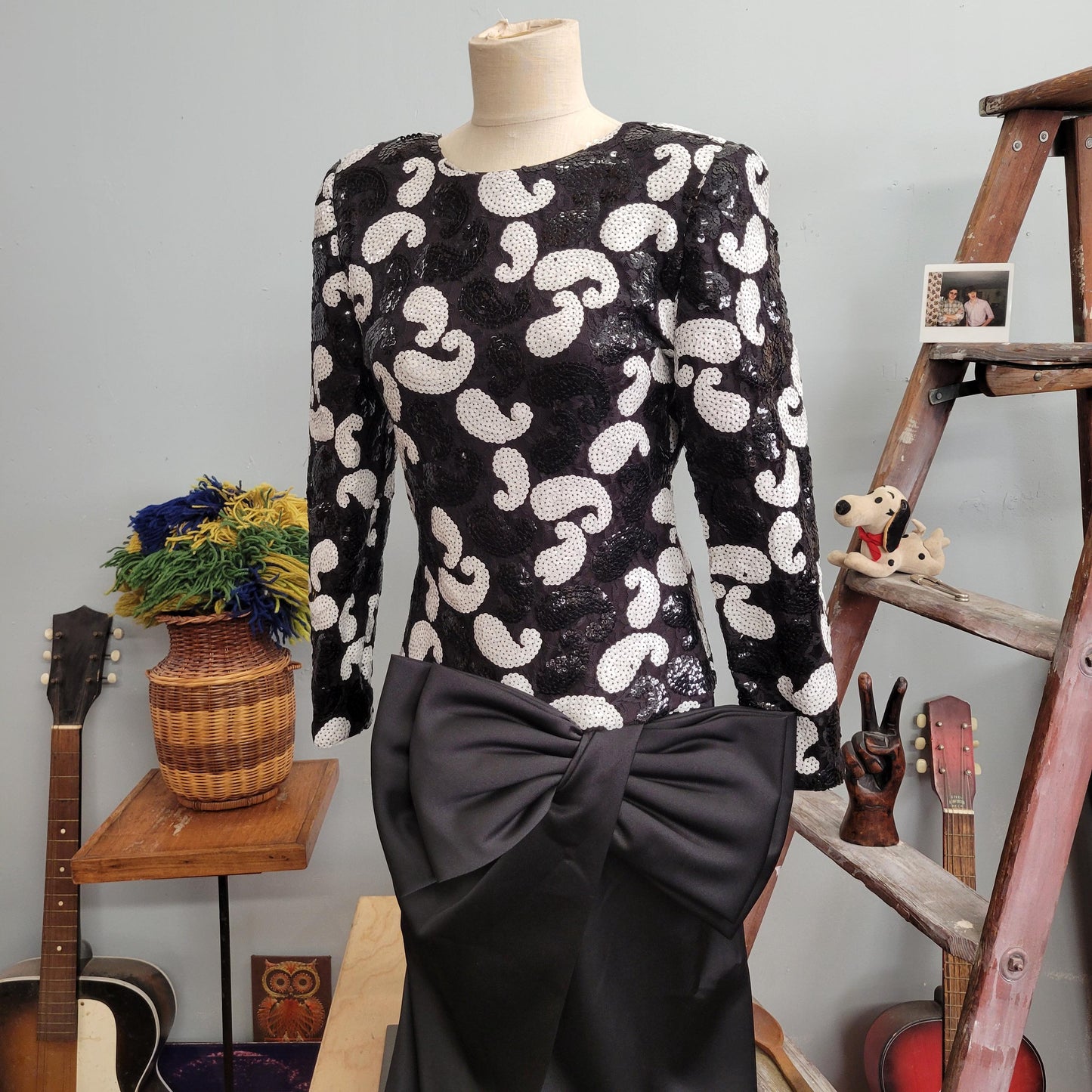 vtg 80s SEQUIN BOW GOWN // vintage martinique size 12 womens paisley patterned black & white sequins mod retro evening prom gown statement