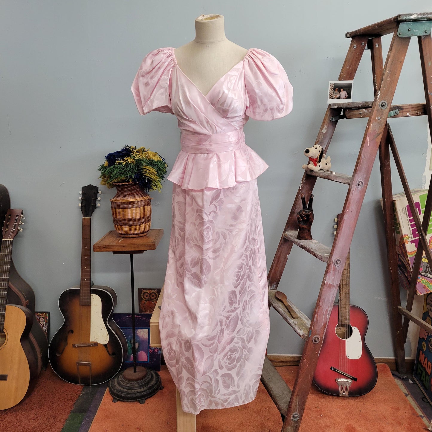 vtg 80s SATIN PUFF SLEEVE dress / vintage lola berent superstition 7/8 womens small pastel pink floral brocade big sleeves peplum party gown
