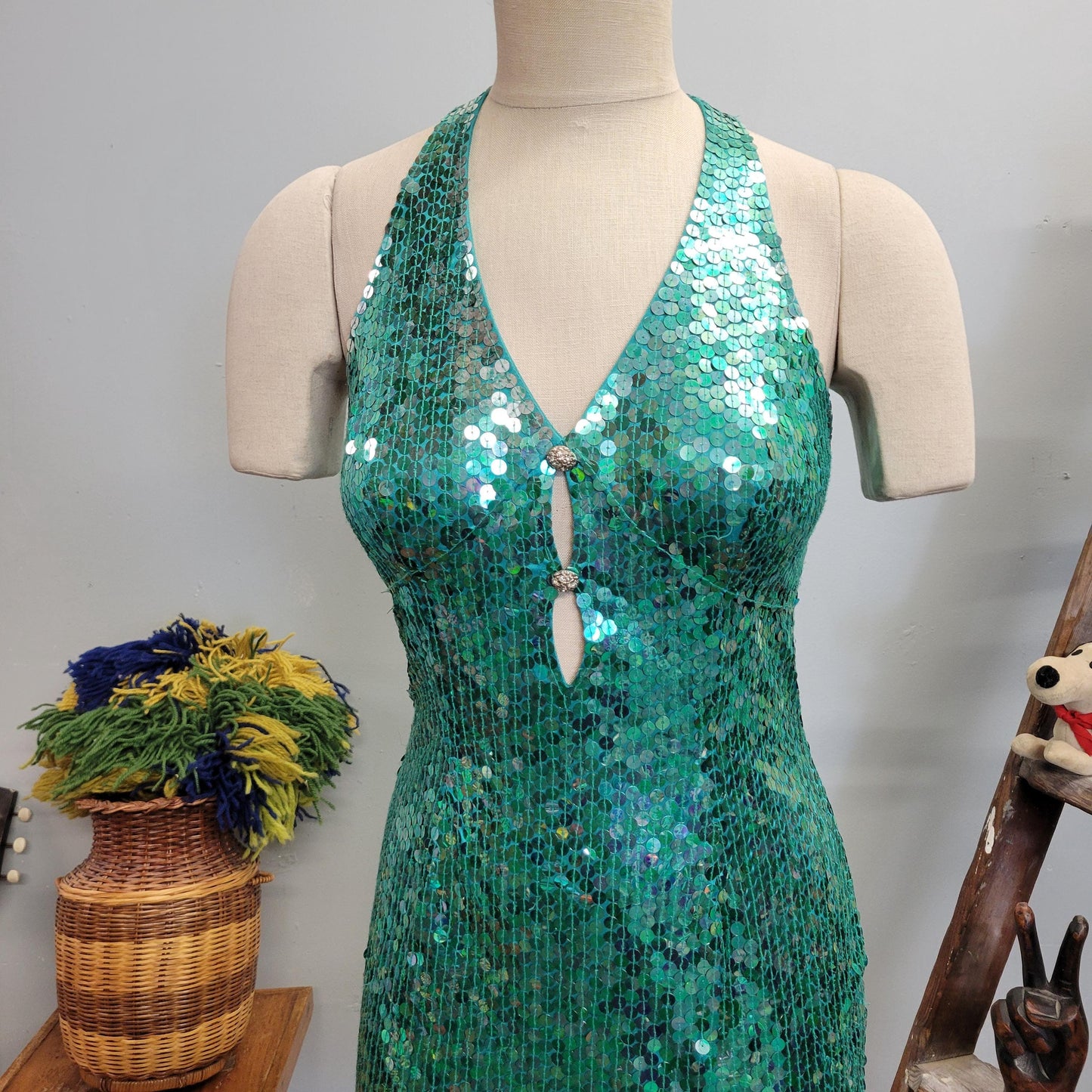vtg 80s SEQUINED HALTER DRESS // vintage cut out mini cocktail holiday dress sexy deep vee plunge teal beaded new years prom wiggle low cut