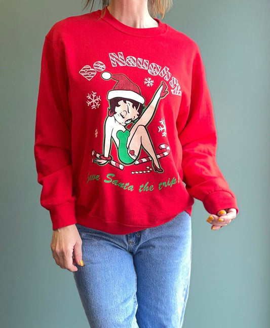 vtg BETTY BOOP XMAS Sweatshirt // vintage Y2K red naughty "Save Santa The Trip" risque pin up party sweater sexy winter festive holiday top
