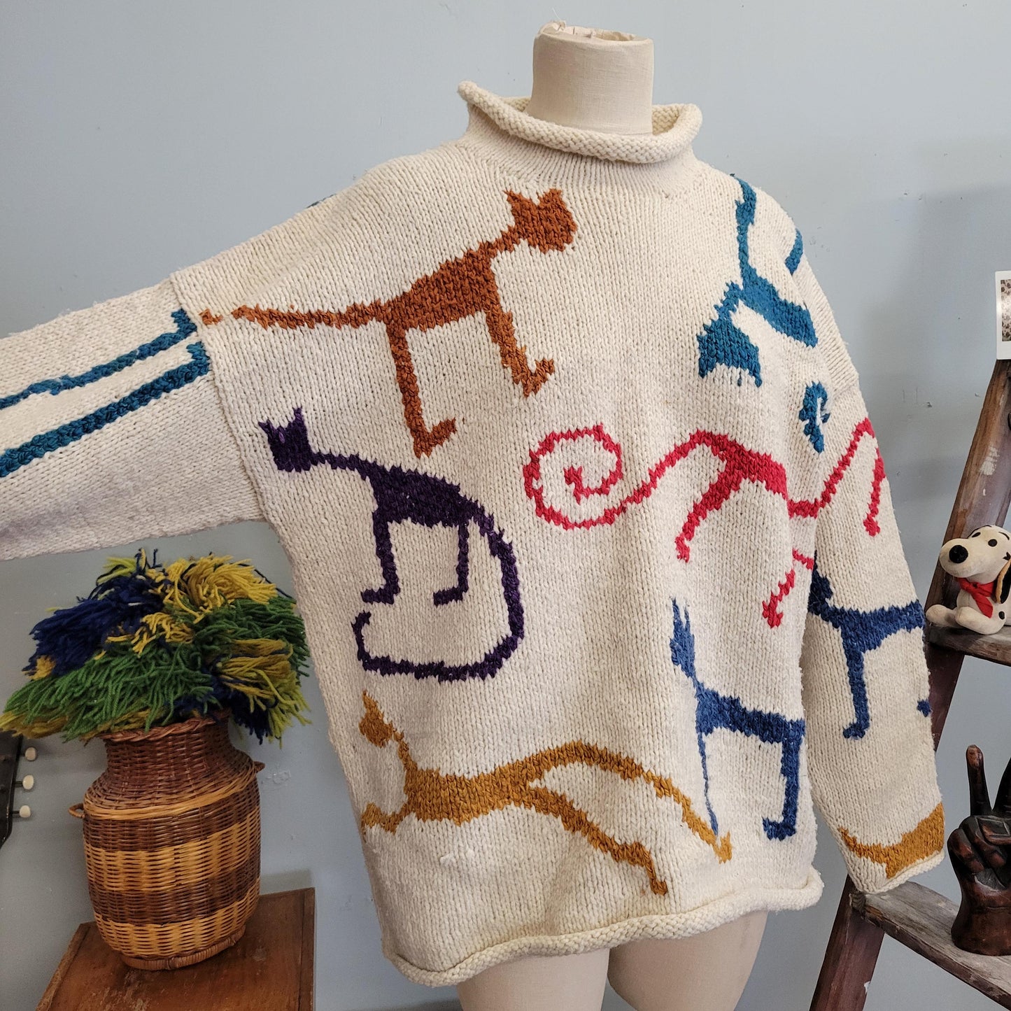 vtg 80s WOOL CAT SWEATER // vintage womens xl chunky knit slouchy funky all over print cat lover funnel neck oversized thick winter fashion