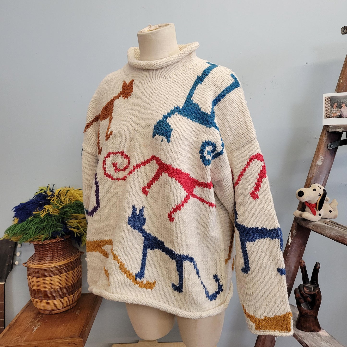 vtg 80s WOOL CAT SWEATER // vintage womens xl chunky knit slouchy funky all over print cat lover funnel neck oversized thick winter fashion