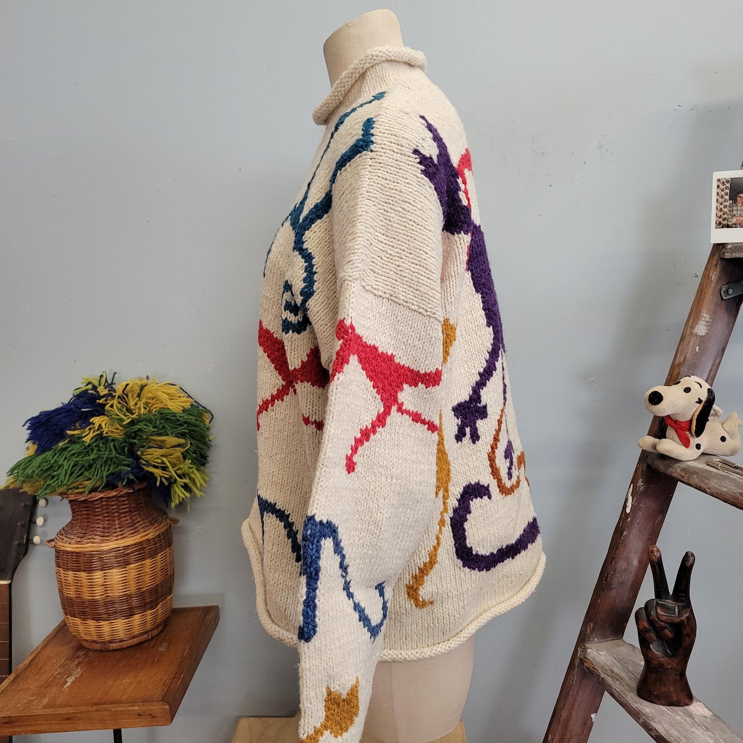 vtg 80s WOOL CAT SWEATER // vintage womens xl chunky knit slouchy funky all over print cat lover funnel neck oversized thick winter fashion