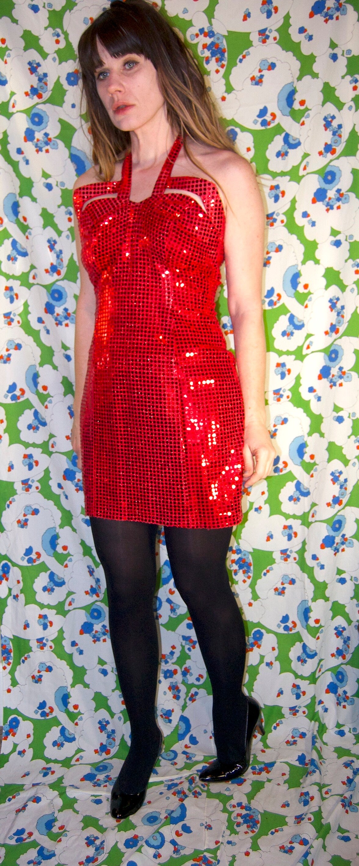 vtg 80s RED SEQUIN DEVIL Dress// vintage raver club dance hot cupid sexy devil cut out mini dress Halloween party unique statement dress