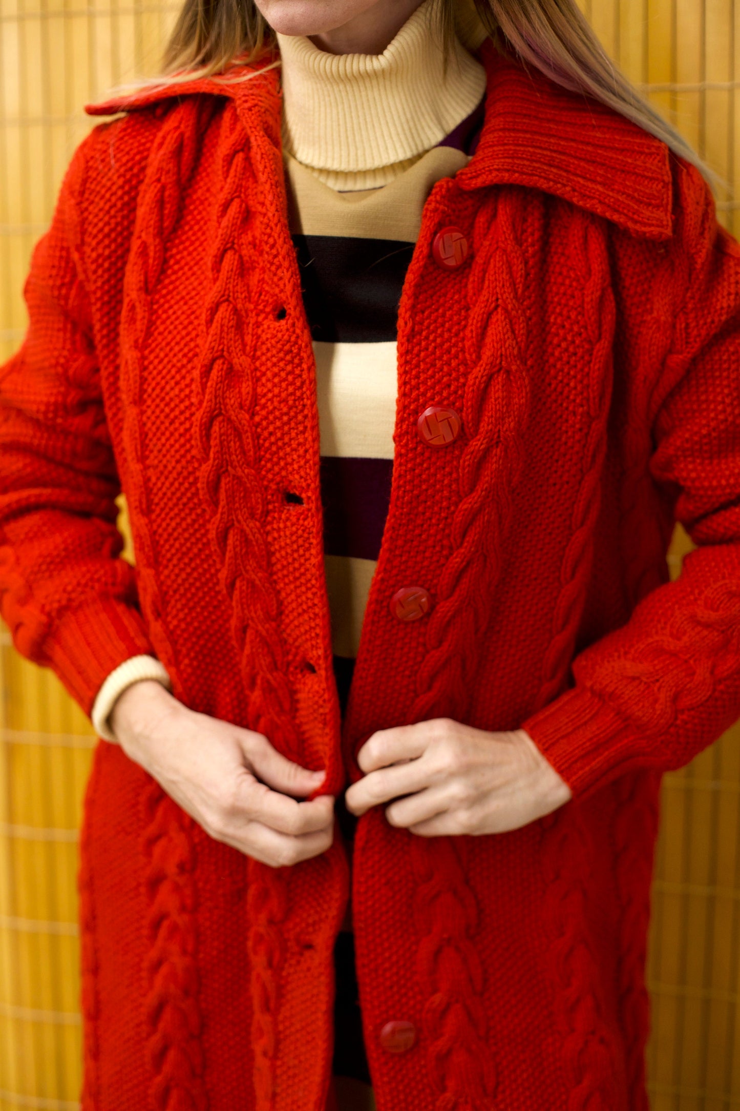 vtg 60s Red CABLE KNIT SWEATER Jacket // long knit duster petite red wool jacket winter buttons heavy cardigan style collared warm overcoat