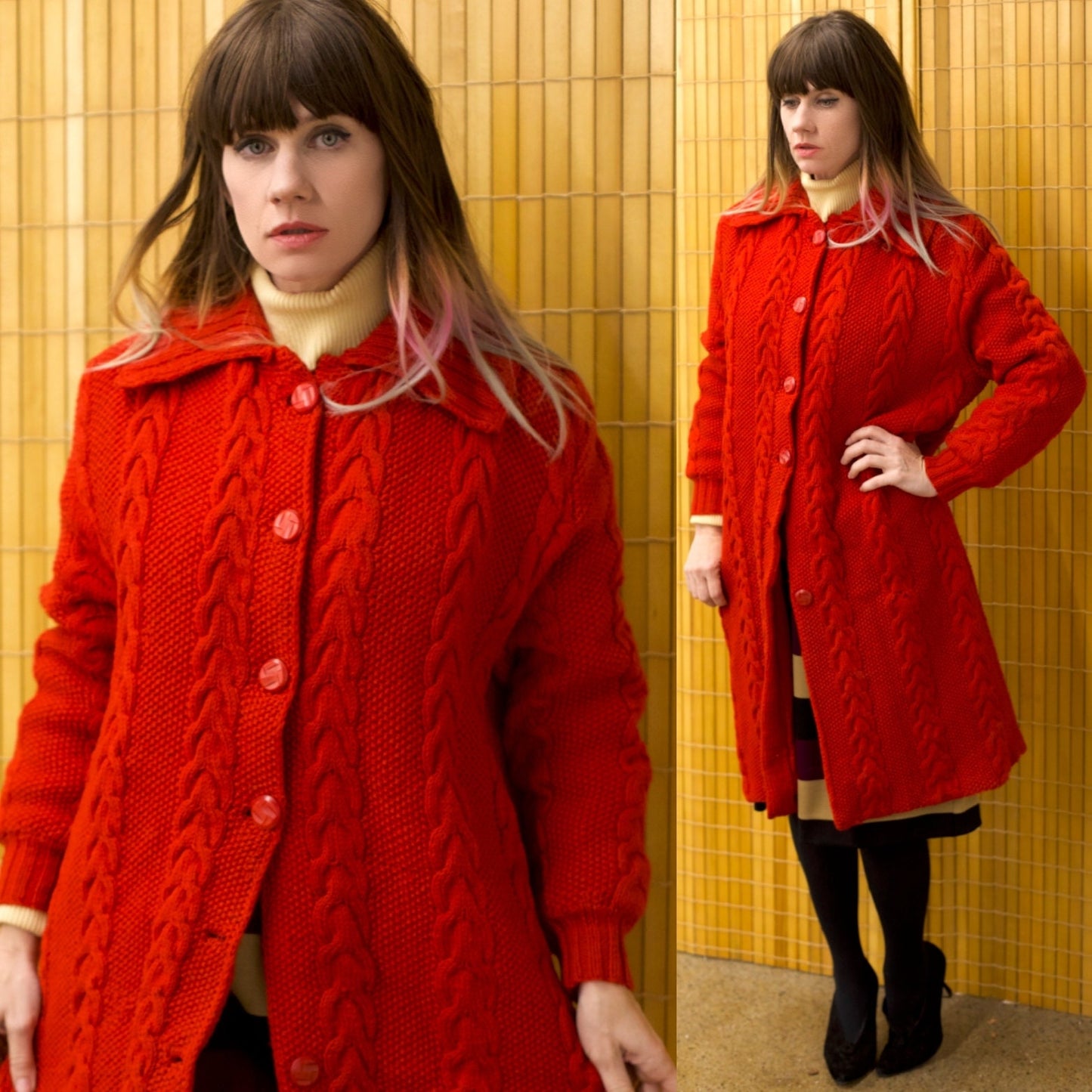 vtg 60s Red CABLE KNIT SWEATER Jacket // long knit duster petite red wool jacket winter buttons heavy cardigan style collared warm overcoat
