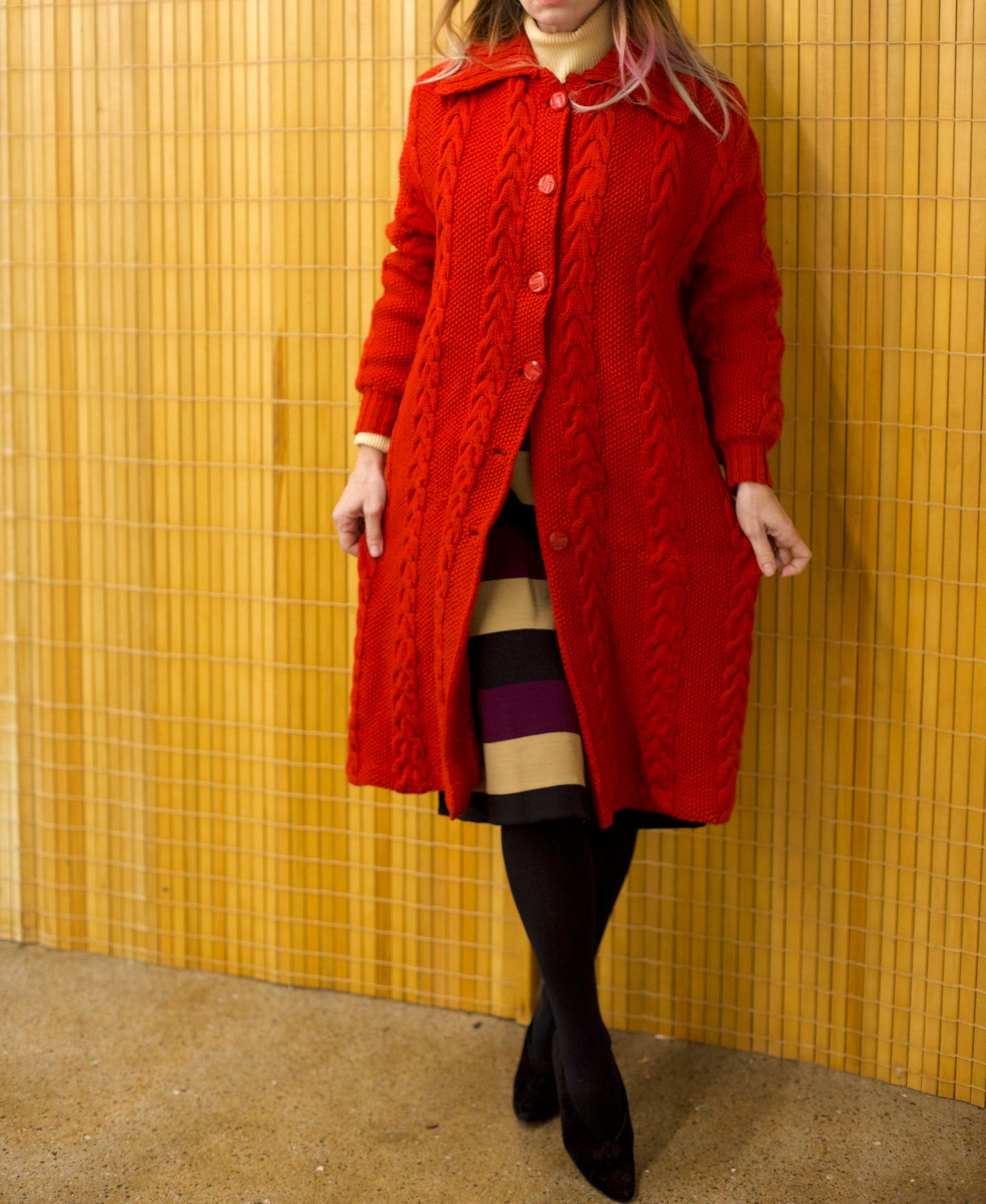vtg 60s Red CABLE KNIT SWEATER Jacket // long knit duster petite red wool jacket winter buttons heavy cardigan style collared warm overcoat