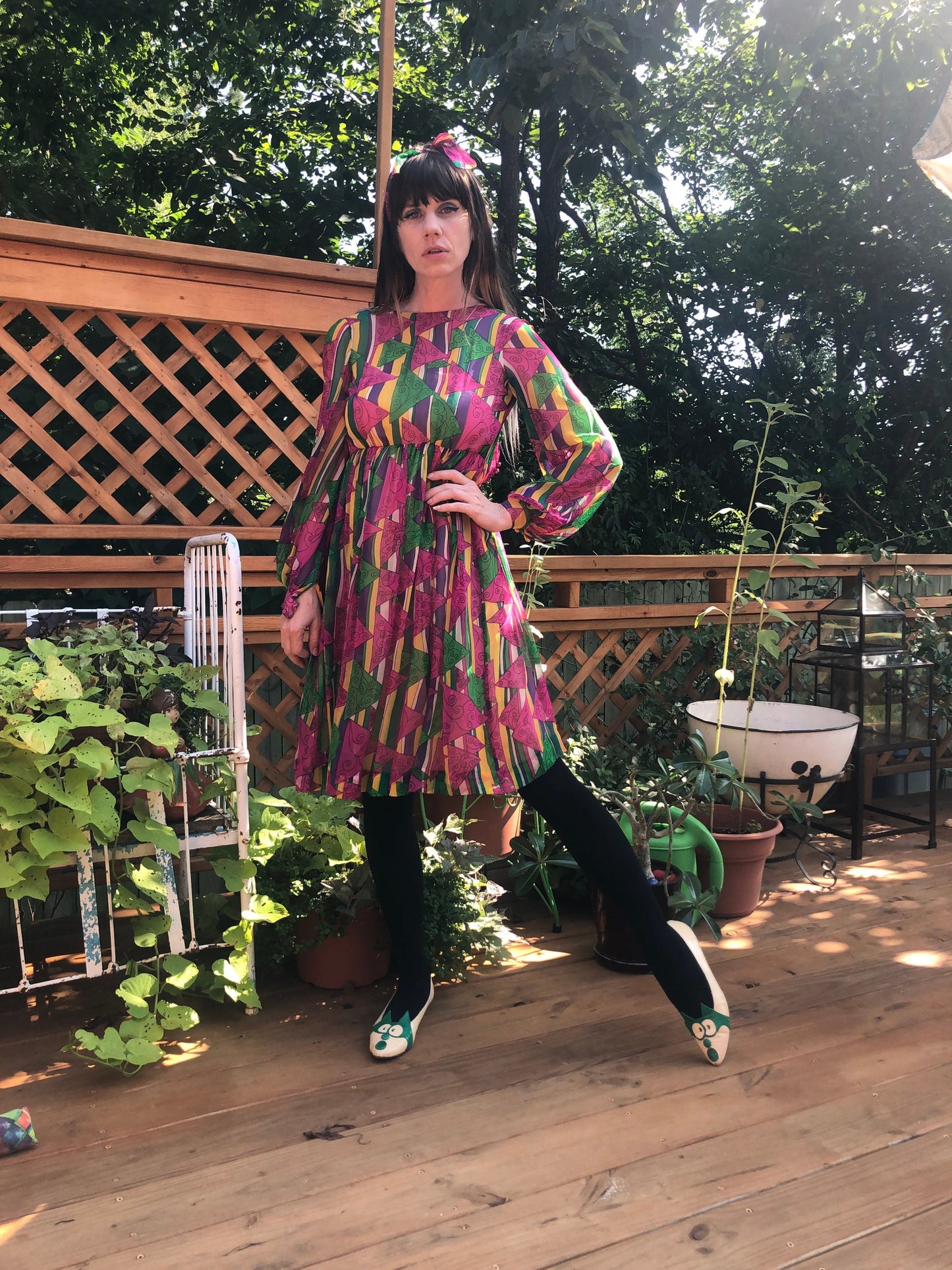 vtg 60s PSYCHEDELIC dress Elinor Simmons MALCOM STARR geometric patterns Novelty Print Flowy Chiffon Fit N Flare Swing Dress pink mod hippie