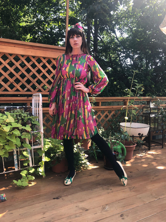vtg 60s PSYCHEDELIC dress Elinor Simmons MALCOM STARR geometric patterns Novelty Print Flowy Chiffon Fit N Flare Swing Dress pink mod hippie