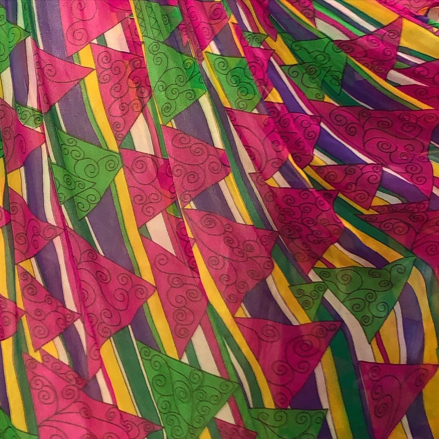 vtg 60s PSYCHEDELIC dress Elinor Simmons MALCOM STARR geometric patterns Novelty Print Flowy Chiffon Fit N Flare Swing Dress pink mod hippie