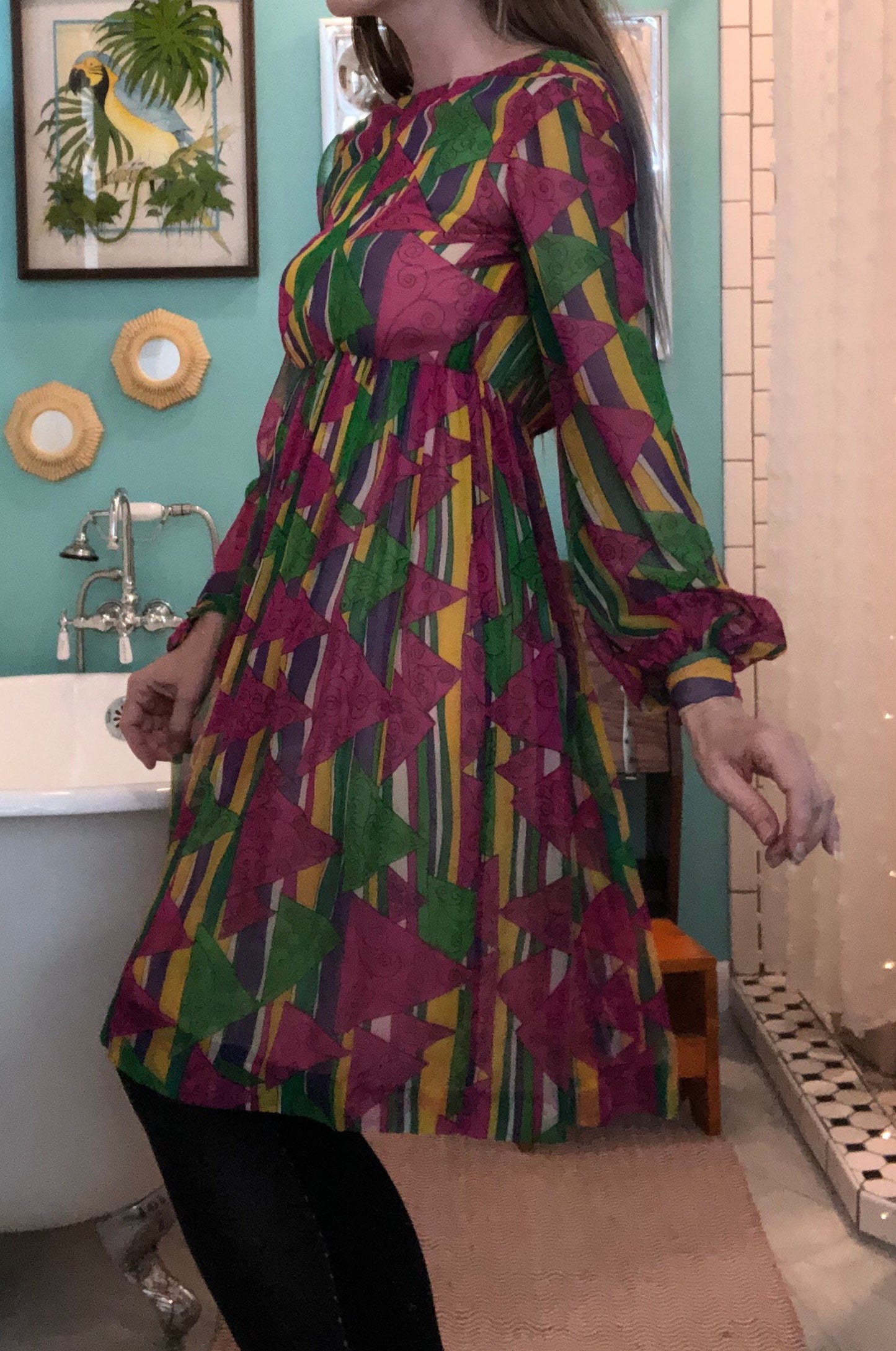vtg 60s PSYCHEDELIC dress Elinor Simmons MALCOM STARR geometric patterns Novelty Print Flowy Chiffon Fit N Flare Swing Dress pink mod hippie