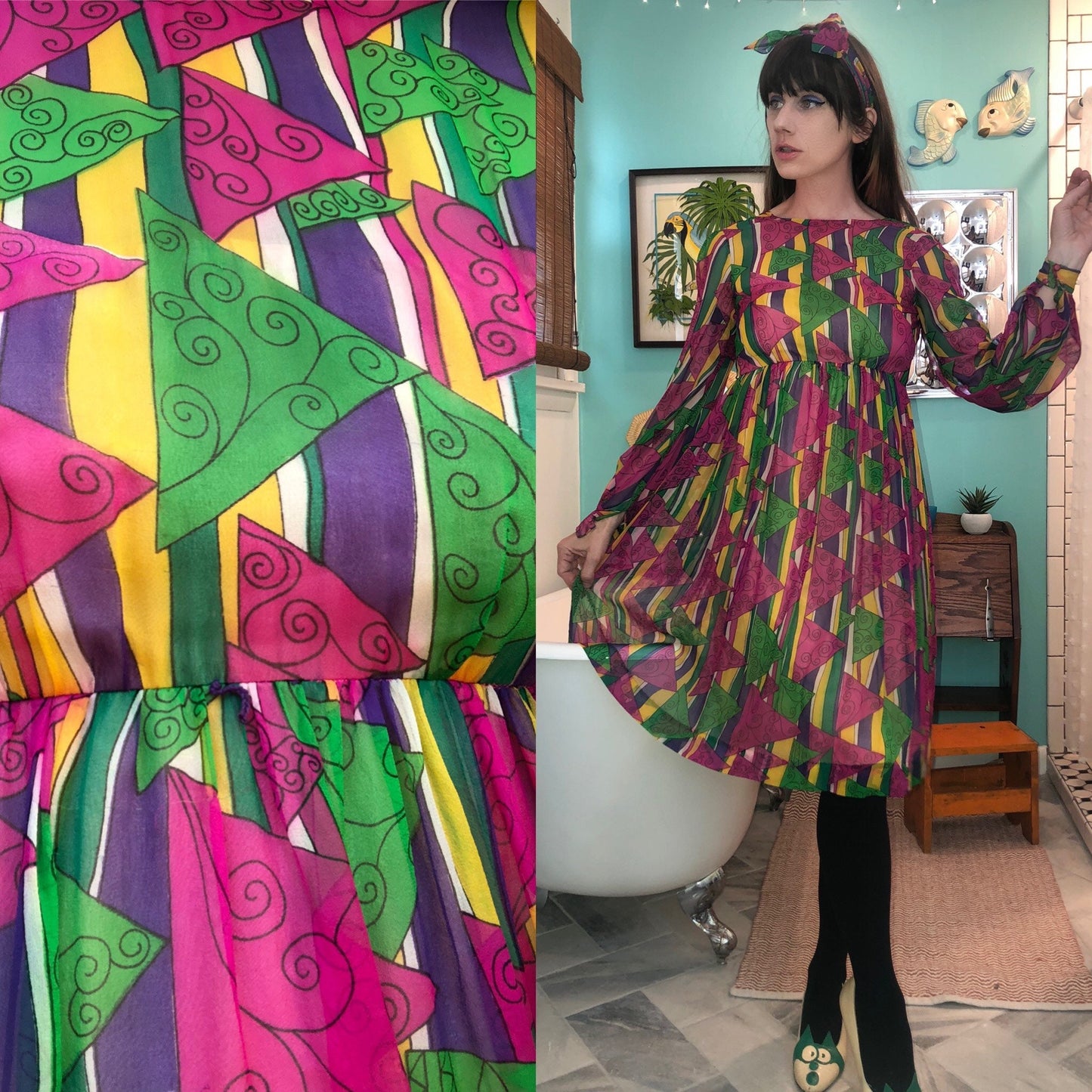 vtg 60s PSYCHEDELIC dress Elinor Simmons MALCOM STARR geometric patterns Novelty Print Flowy Chiffon Fit N Flare Swing Dress pink mod hippie