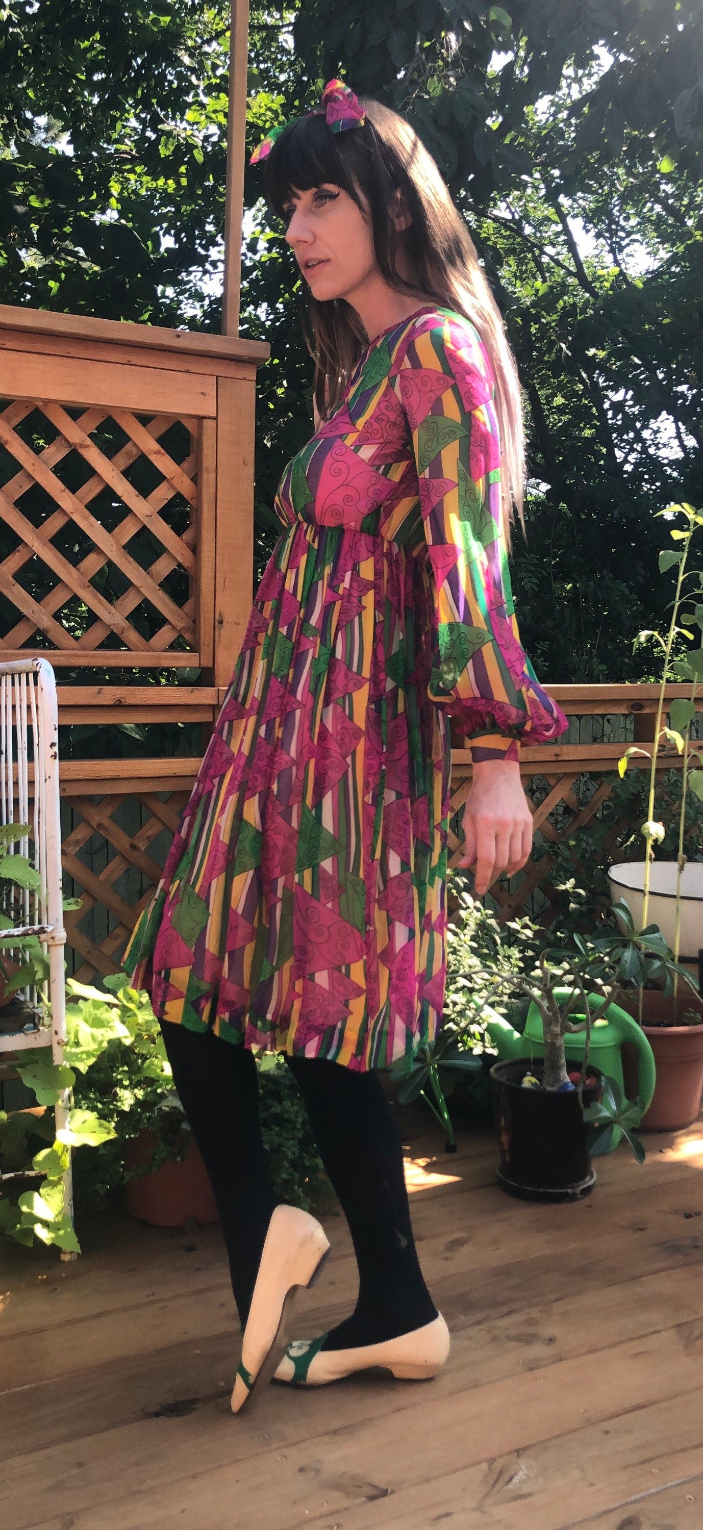 vtg 60s PSYCHEDELIC dress Elinor Simmons MALCOM STARR geometric patterns Novelty Print Flowy Chiffon Fit N Flare Swing Dress pink mod hippie