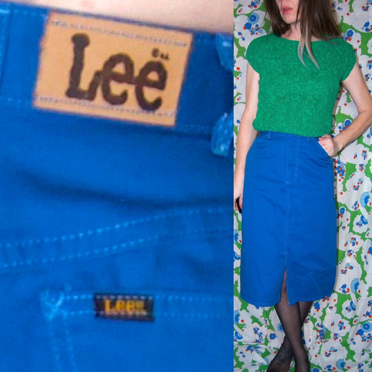 vtg 70s LEE BRIGHT BLUE Skirt // vintage knee length high waisted western mod hippie autumn fall fashion midi skirt