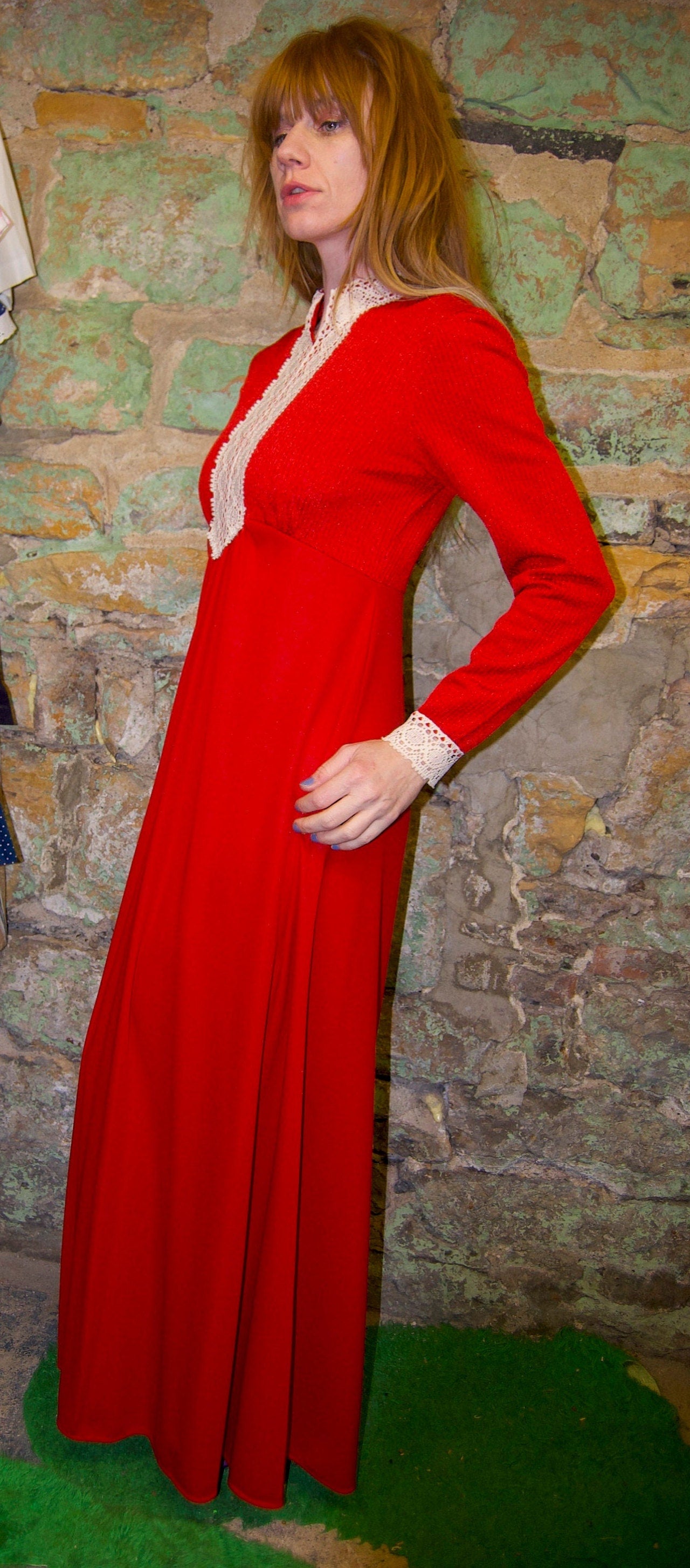 vtg 70s RED ORANGE PRAIRIE Maxi // lace trimmed prairie style renaissance victorian bohemian retro poly knit long sleeve maxi gown flowy