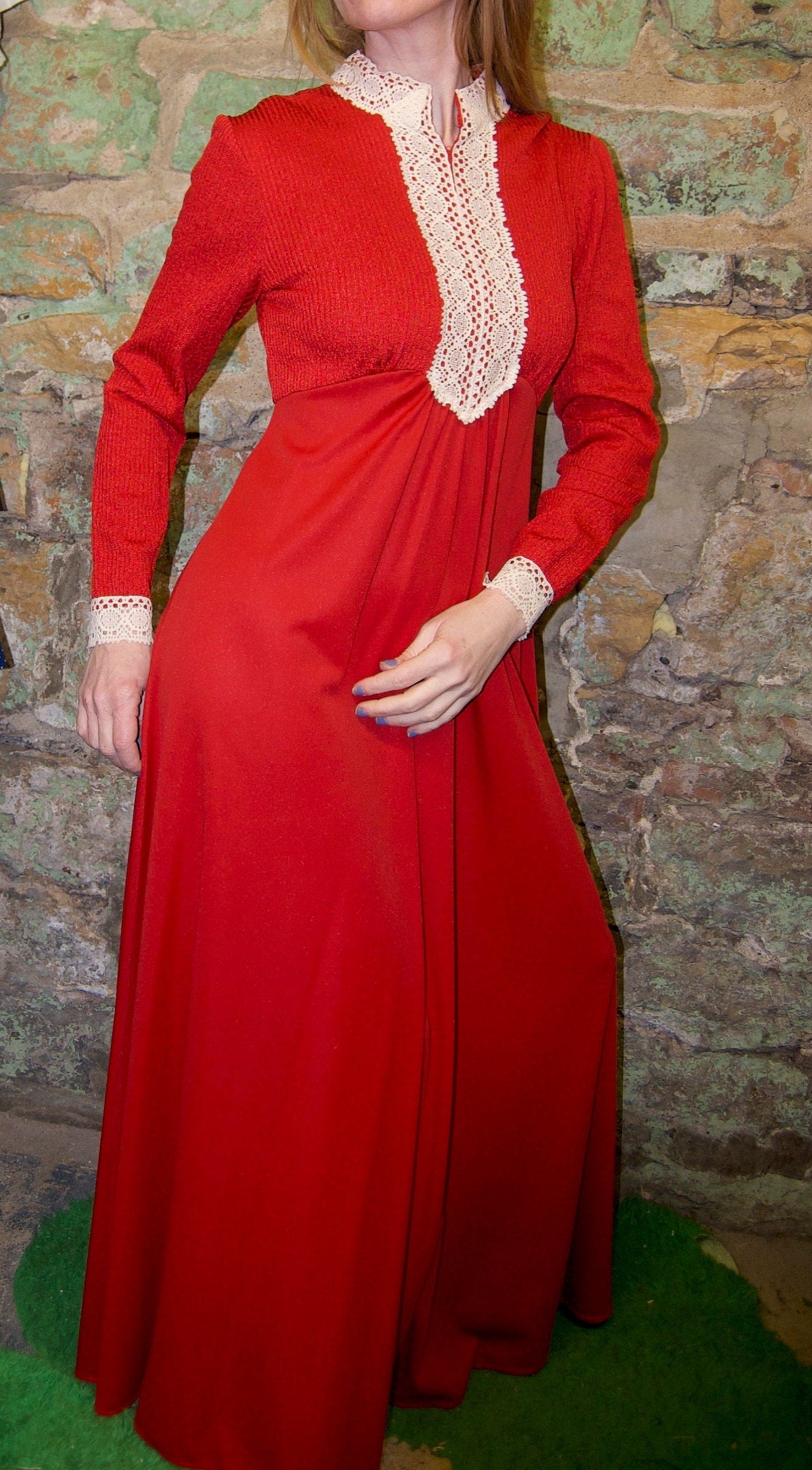 vtg 70s RED ORANGE PRAIRIE Maxi // lace trimmed prairie style renaissance victorian bohemian retro poly knit long sleeve maxi gown flowy