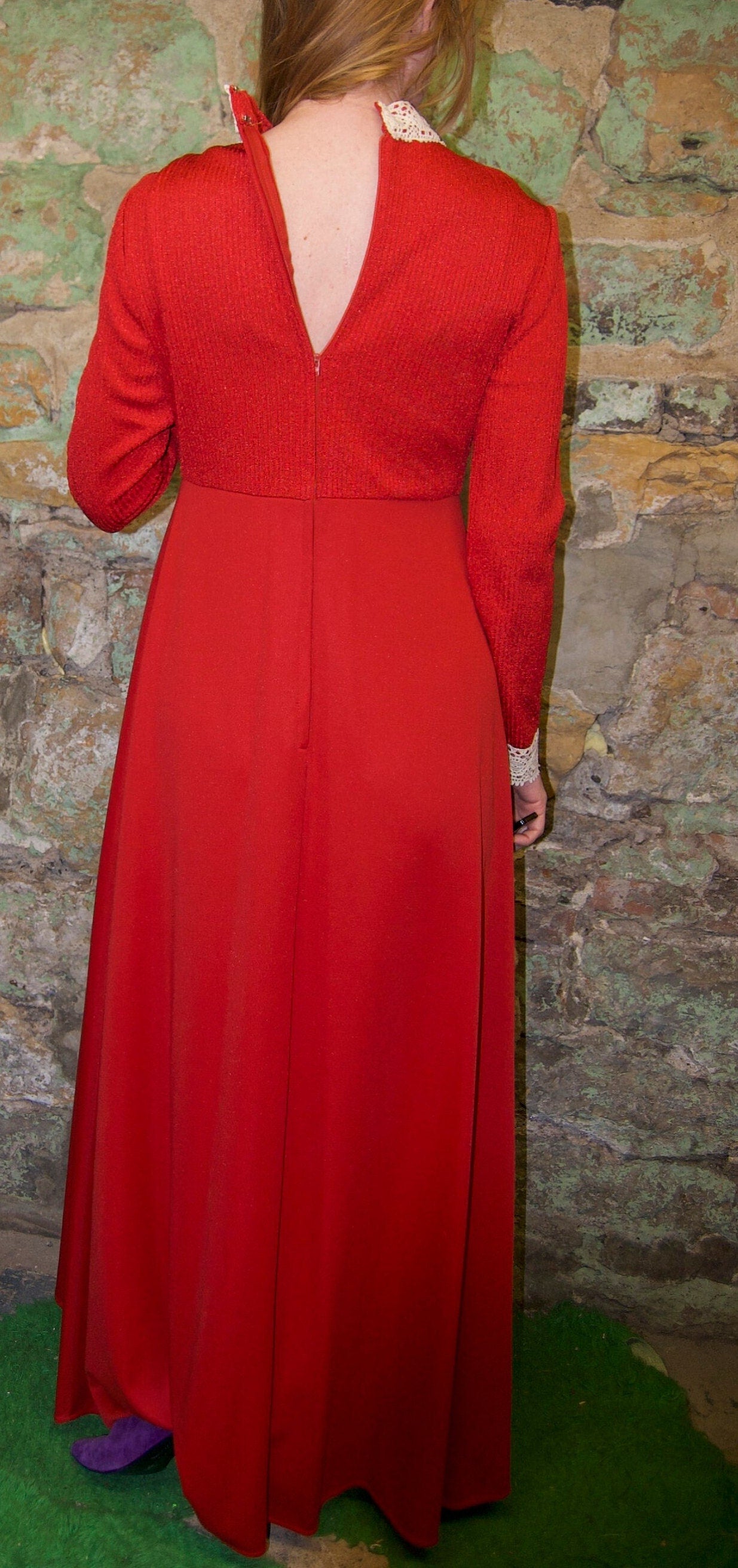 vtg 70s RED ORANGE PRAIRIE Maxi // lace trimmed prairie style renaissance victorian bohemian retro poly knit long sleeve maxi gown flowy