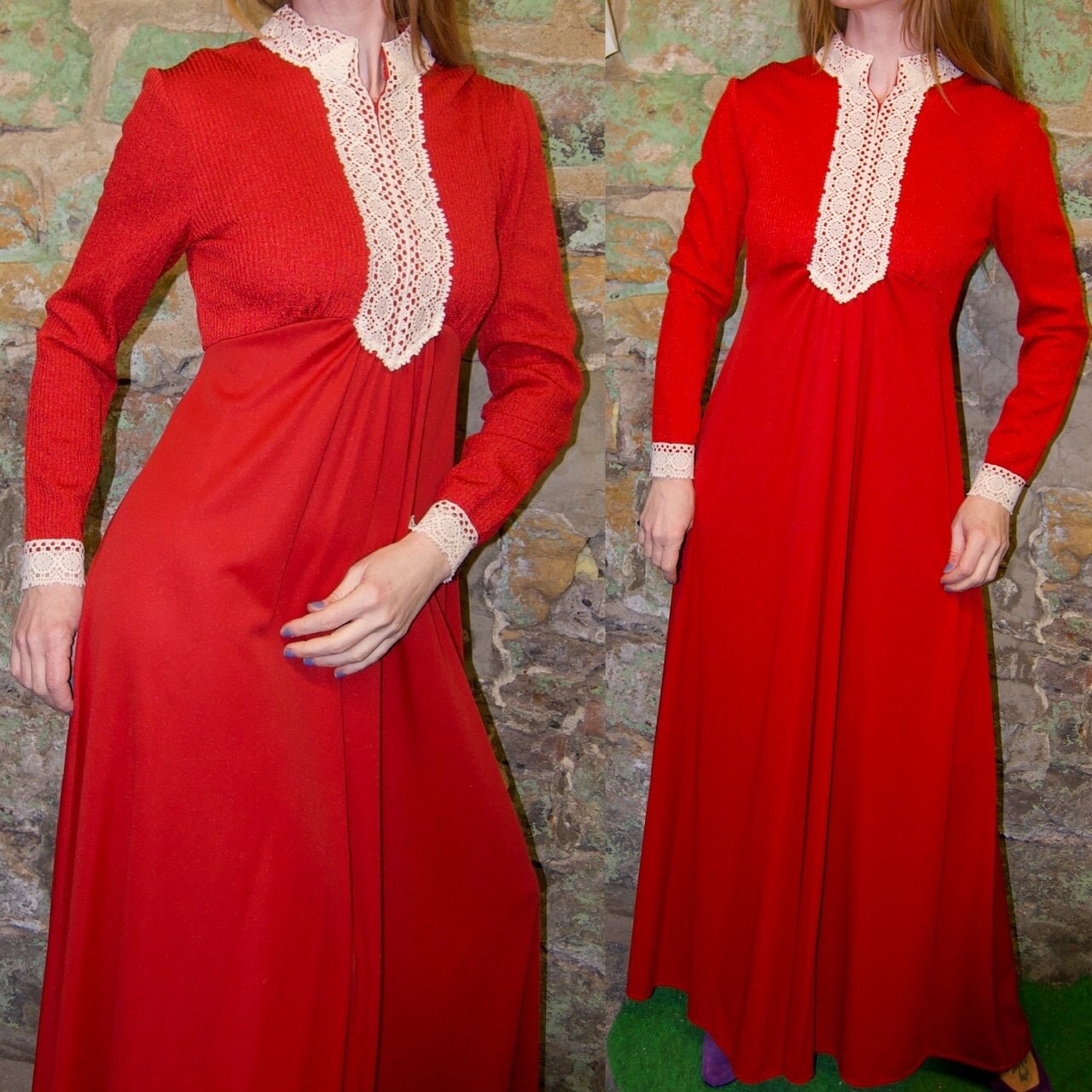 vtg 70s RED ORANGE PRAIRIE Maxi // lace trimmed prairie style renaissance victorian bohemian retro poly knit long sleeve maxi gown flowy