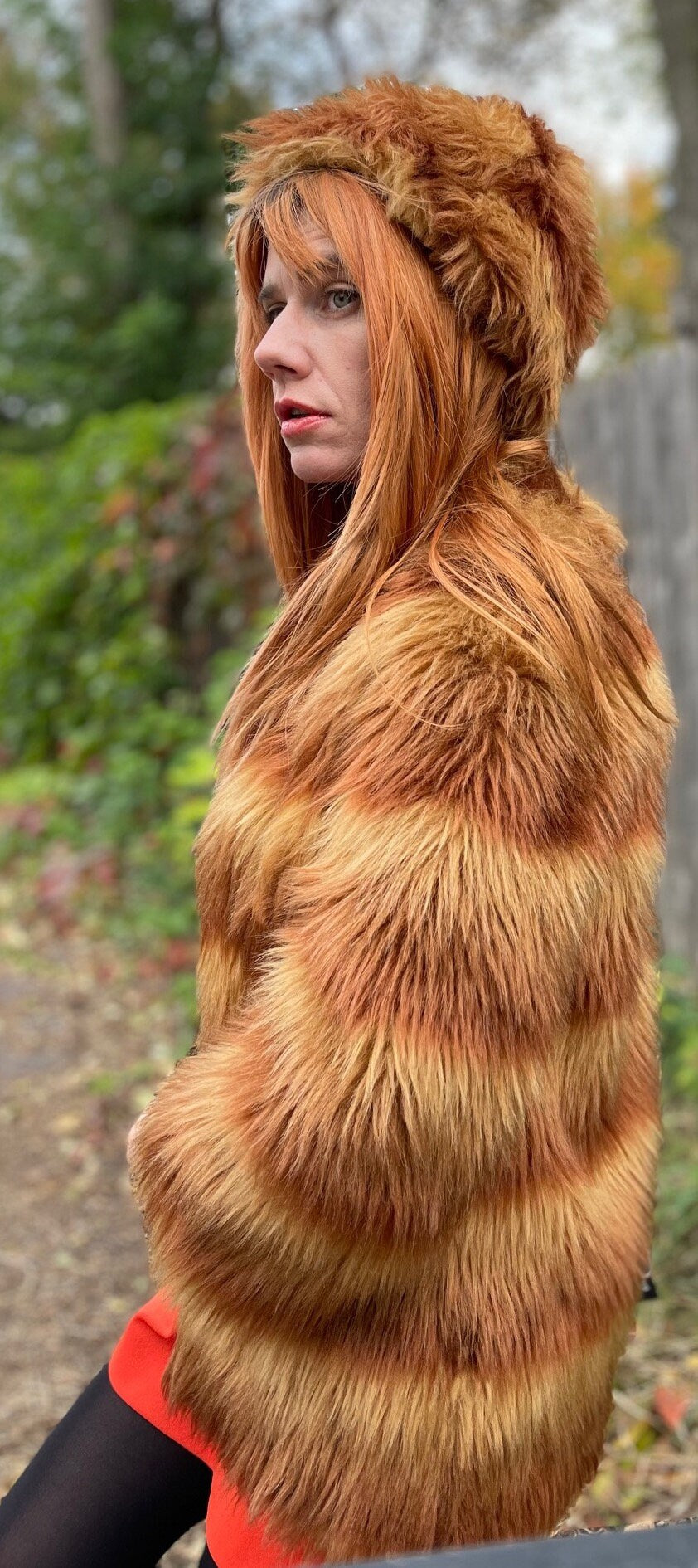 vtg 70s SHAGGY STRIPED COAT & Hat set // vintage orange ombre furry glam punk jacket and matching fur hat unique fancy event two tone autumn