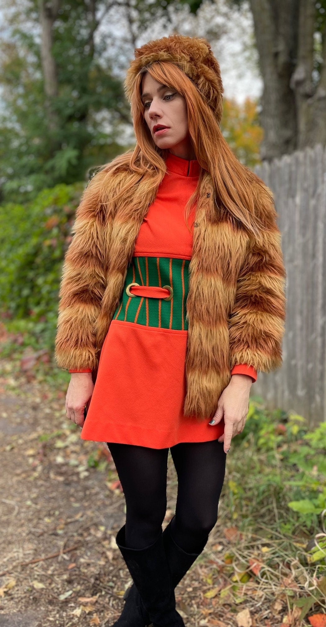 vtg 70s SHAGGY STRIPED COAT & Hat set // vintage orange ombre furry glam punk jacket and matching fur hat unique fancy event two tone autumn